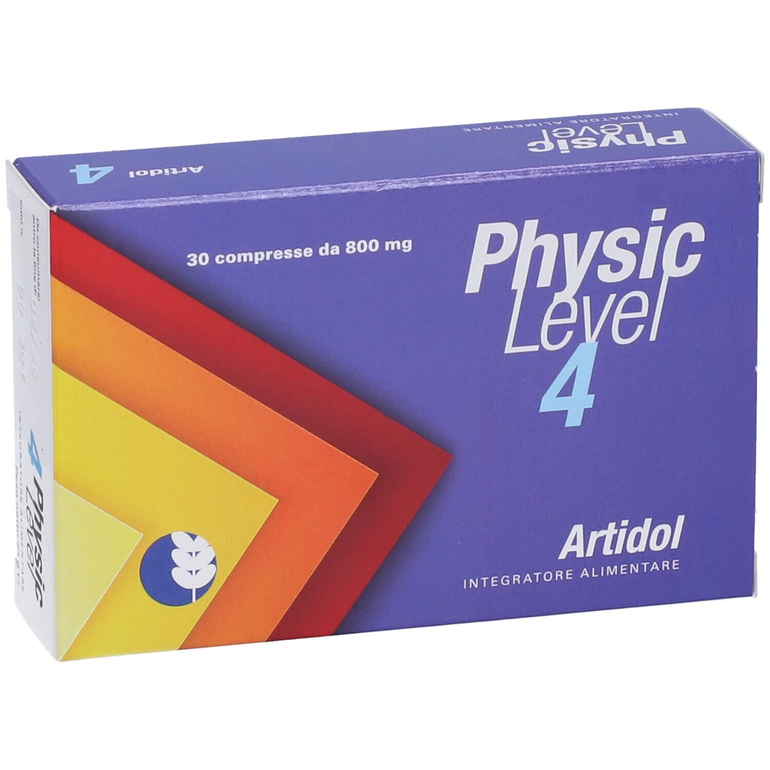 Scatola "Physic Level 4 Artidol". Confezione blu con strisce colorate. Contiene 30 compresse.