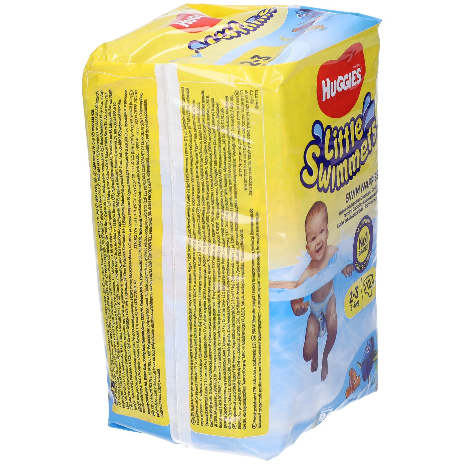 Confezione gialla di Little Swimmers. Scritta Huggies. Retro con testo. Taglia 2-3, 3-8 kg, 12 pezzi.