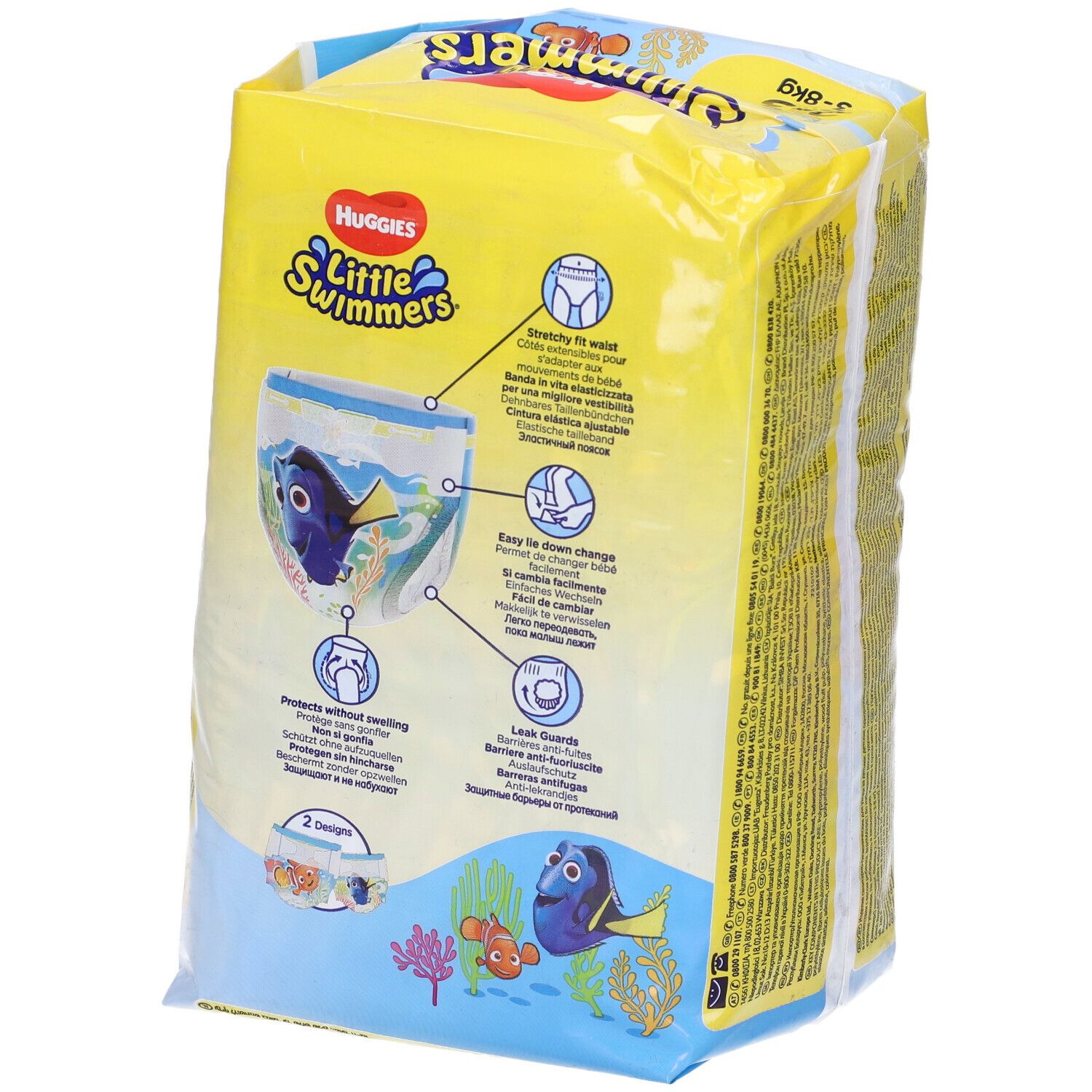 Retro della confezione Little Swimmers. Illustrazioni e testo. Taglia 2-3, 3-8 kg, 12 pezzi.