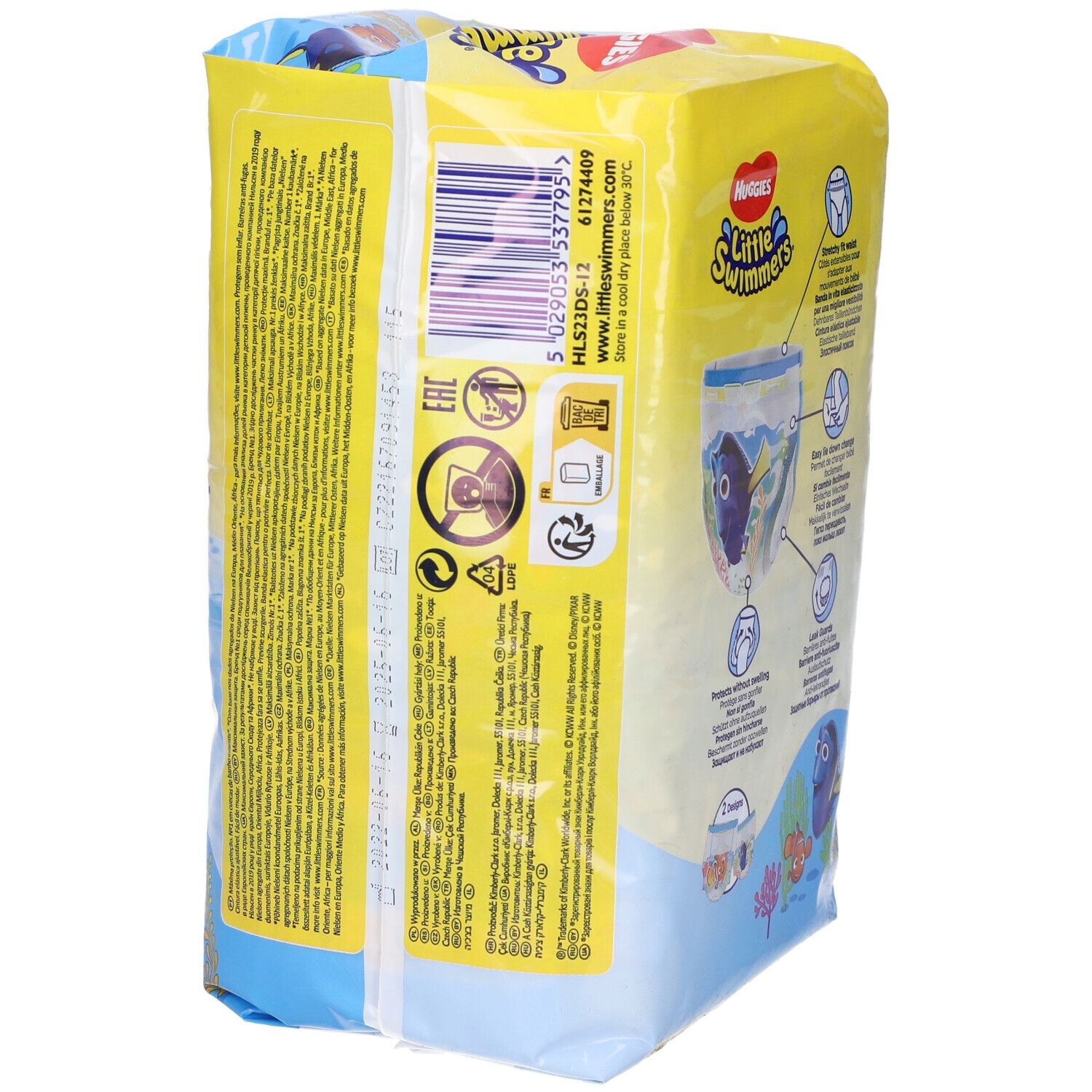 Retro della confezione Little Swimmers. Testo, simboli e codice a barre. Taglia 2-3, 3-8 kg, 12 pezzi.