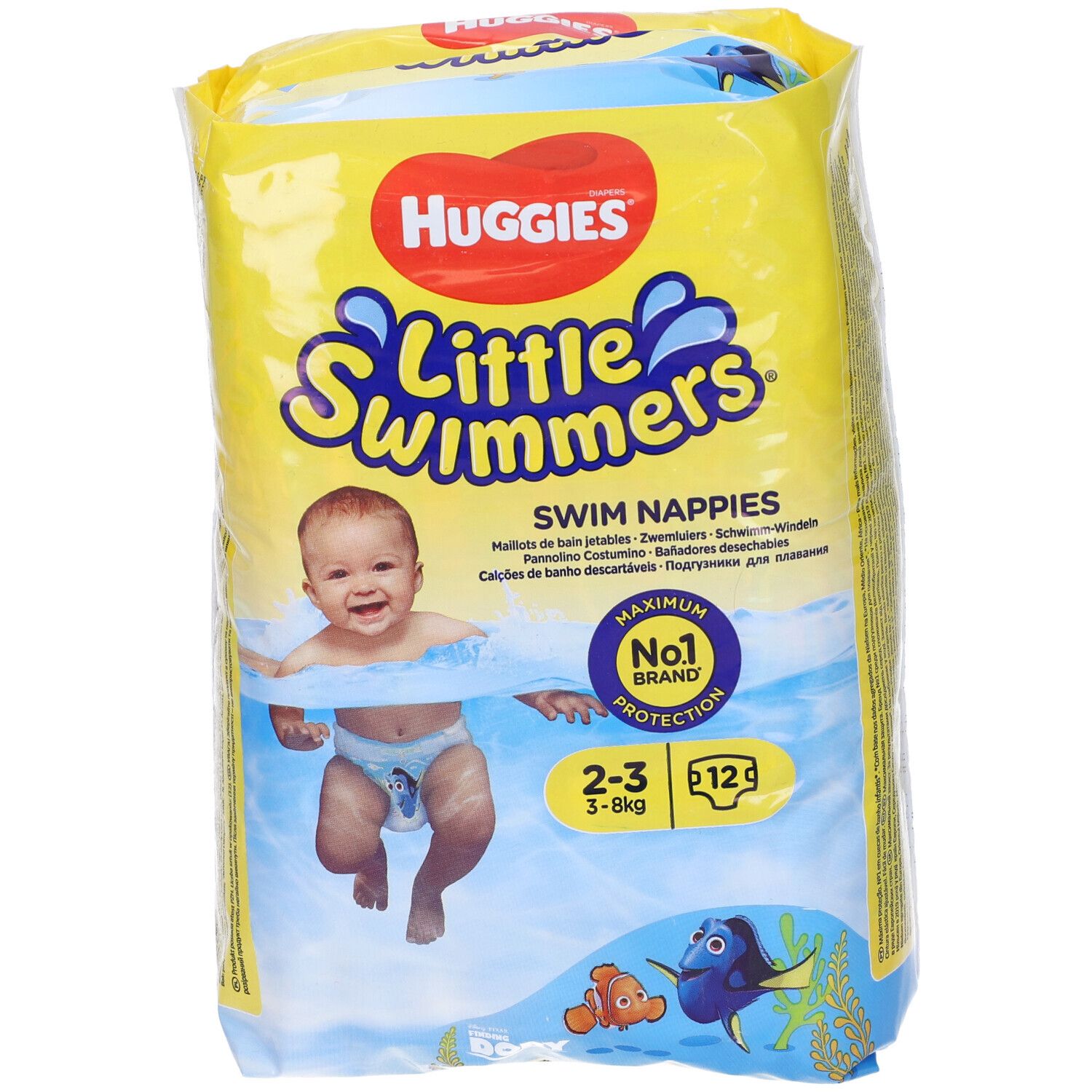 Confezione gialla di pannolini da piscina Little Swimmers. Scritta Huggies. Taglia 2-3, 3-8 kg, 12 pezzi. Immagine di un bambino.