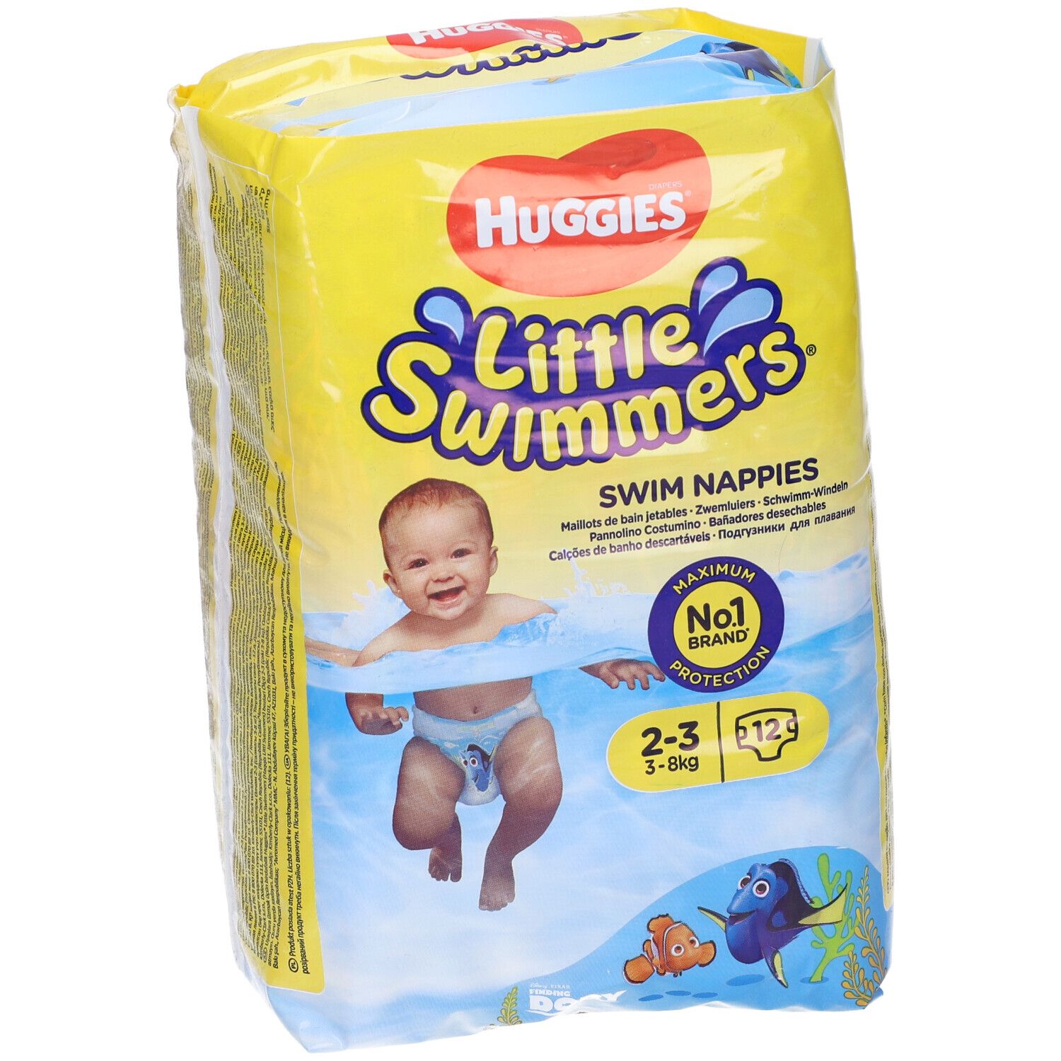 Confezione gialla di pannolini da piscina Little Swimmers. Scritta Huggies. Taglia 2-3, 3-8 kg, 12 pezzi. Immagine di un bambino.