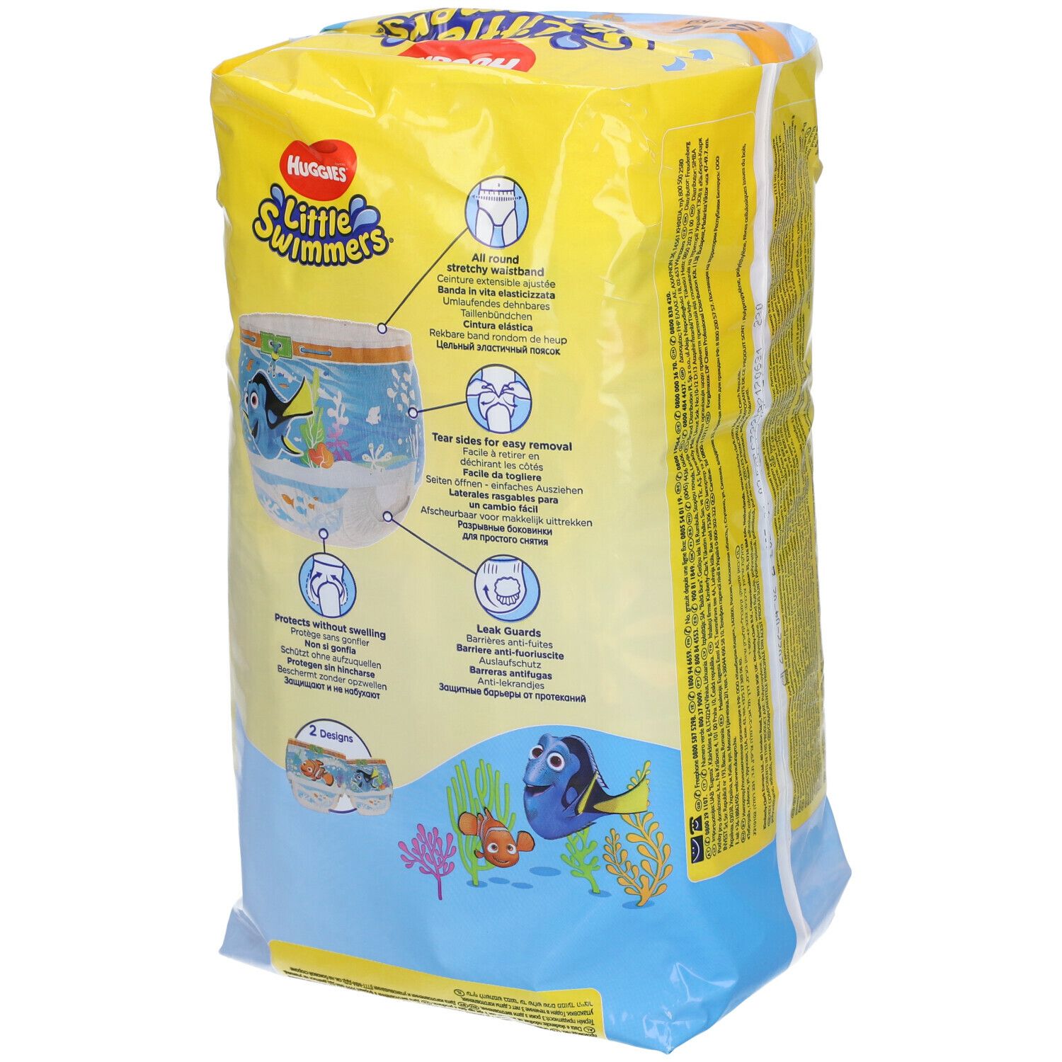 Retro confezione gialla Huggies Little Swimmers. Caratteristiche: fascia elastica, linguette, barriere anti-fuoriuscita.