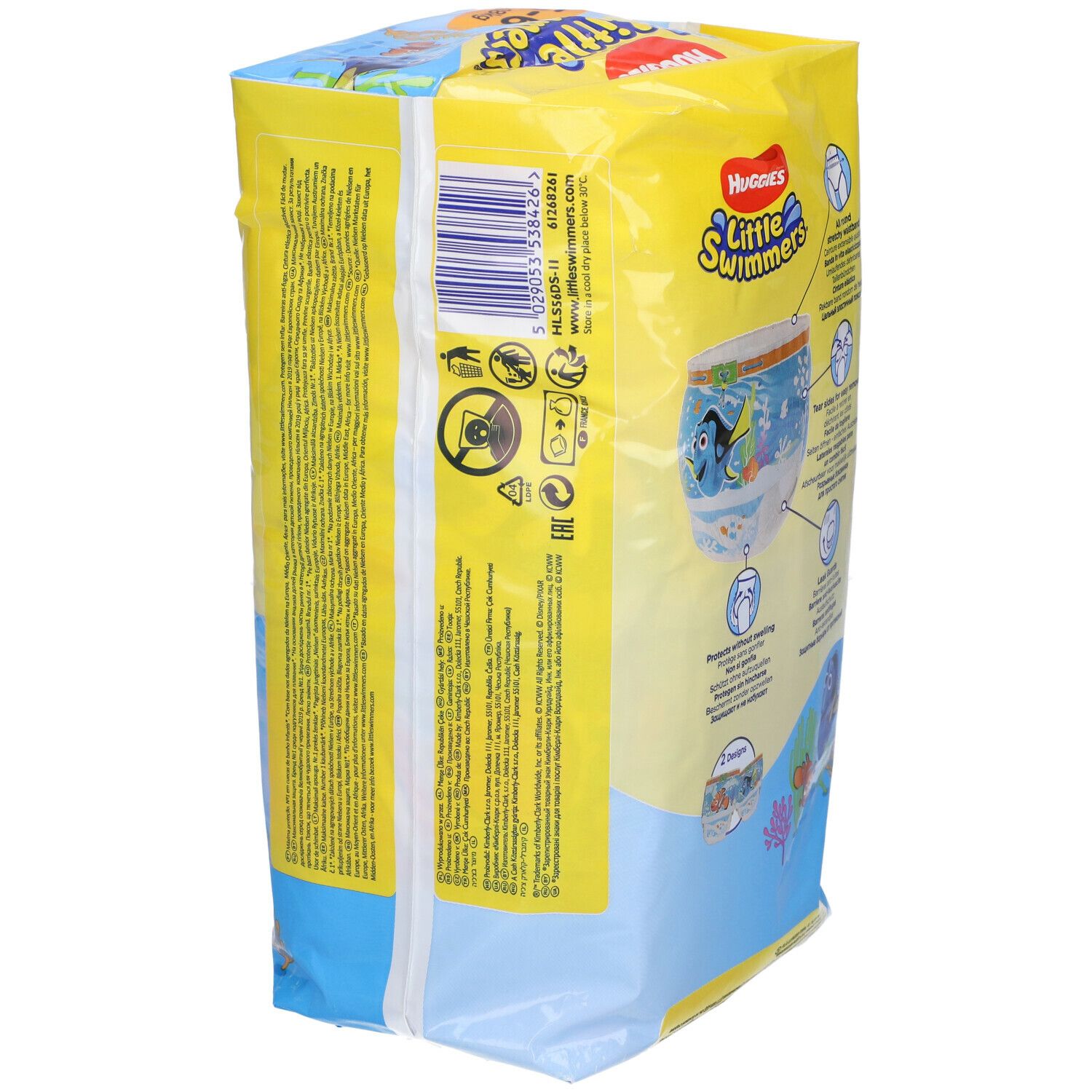 Retro confezione gialla Huggies Little Swimmers con testo. Caratteristiche e taglia 12-18 kg.
