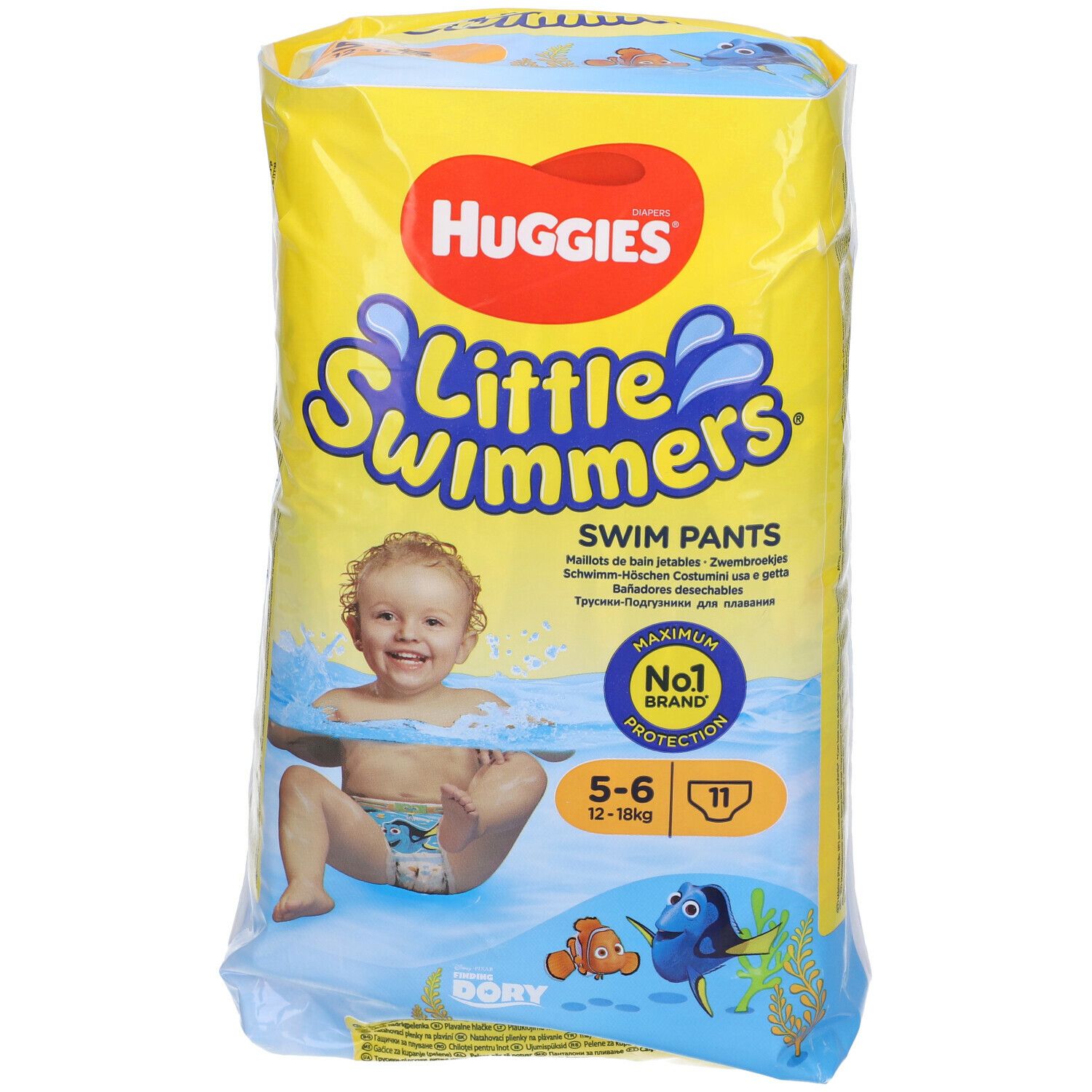 Confezione gialla Huggies Little Swimmers. Stampa: bambino in acqua, pannolino, taglia 12-18 kg, 11 pezzi.