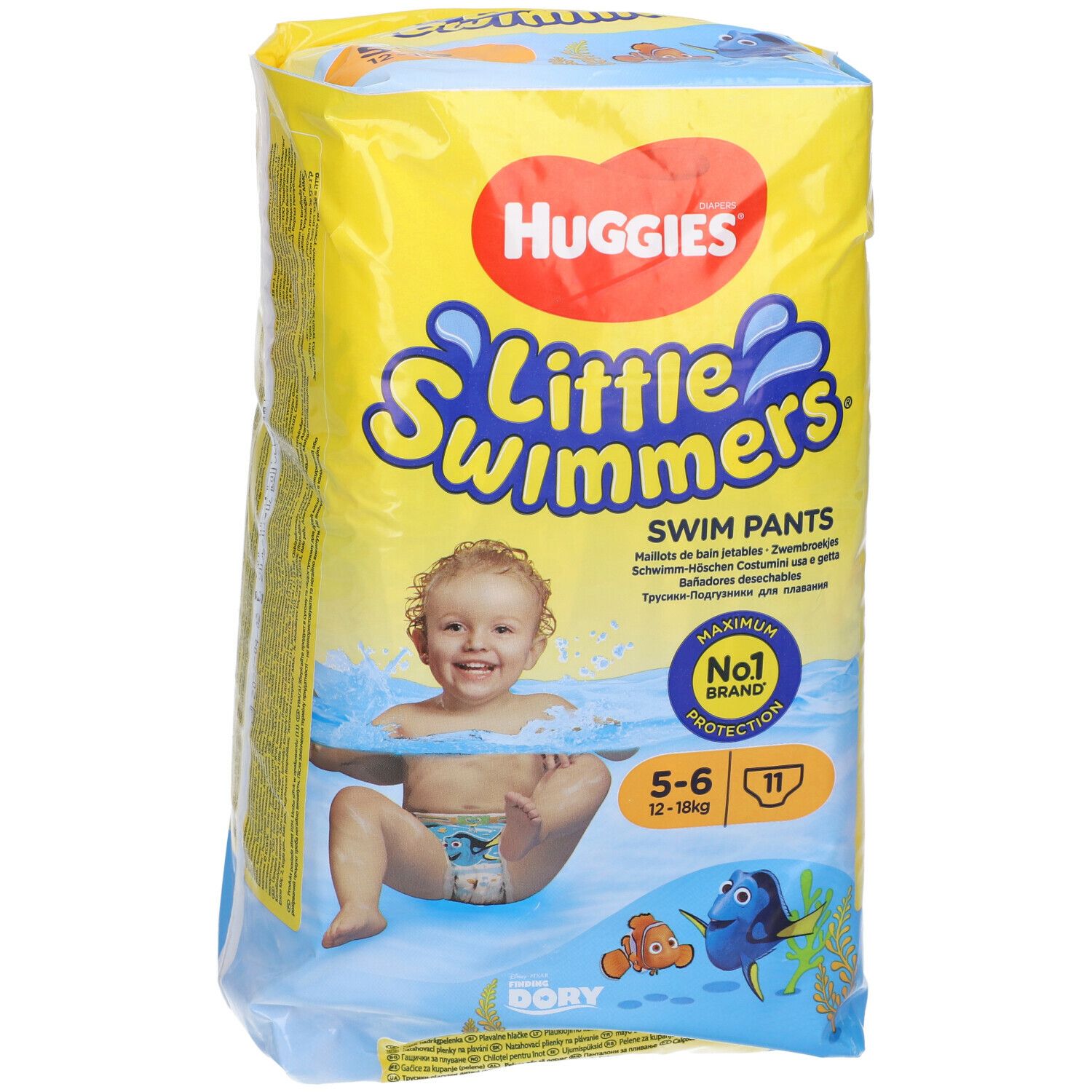 Confezione gialla Huggies Little Swimmers. Stampa: bambino in acqua, pannolino, taglia 12-18 kg, 11 pezzi.