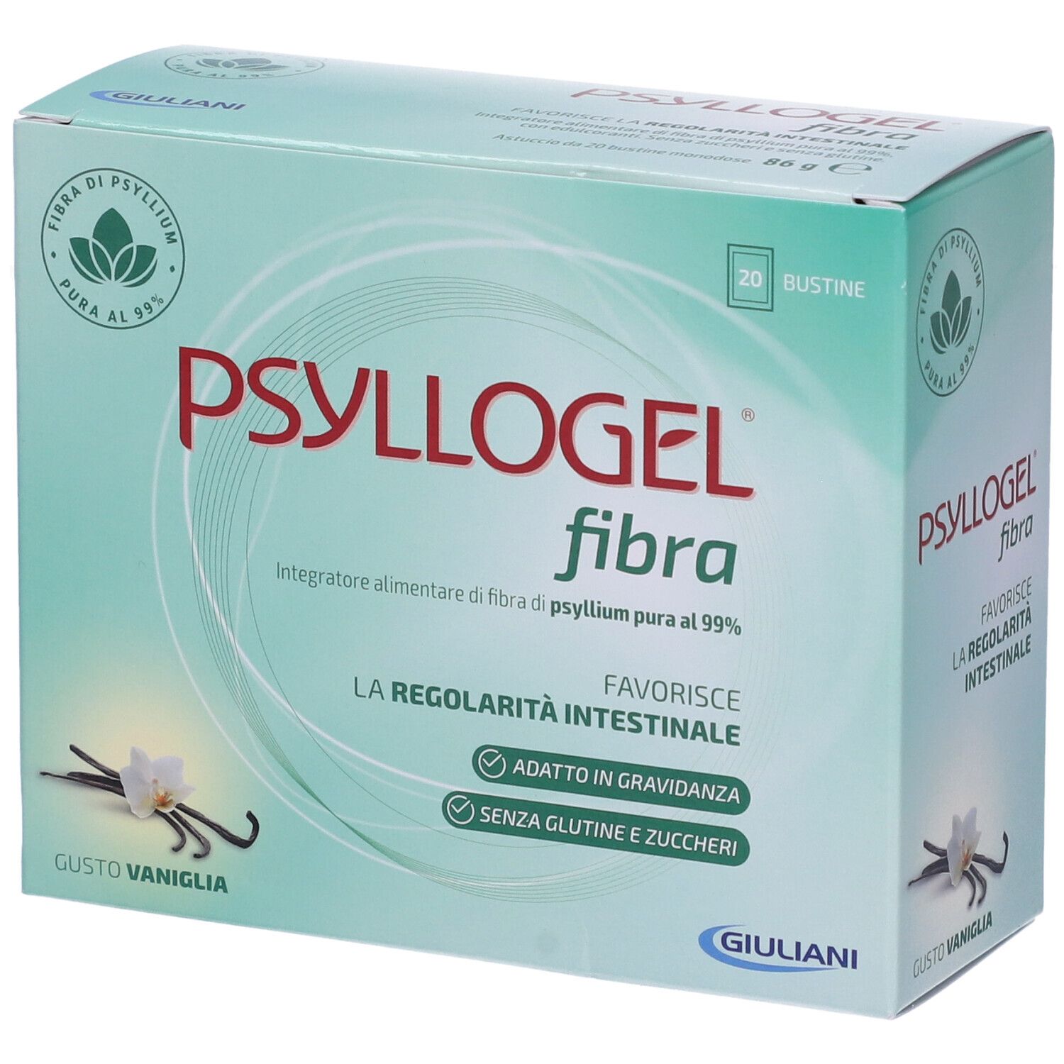 Schachtel mit PSYLLOGEL Faser Vanille. Aufschrift: 20 Beutel, fördert die Darmregulierung, ohne Gluten und Zucker. Vanille-Geschmack.