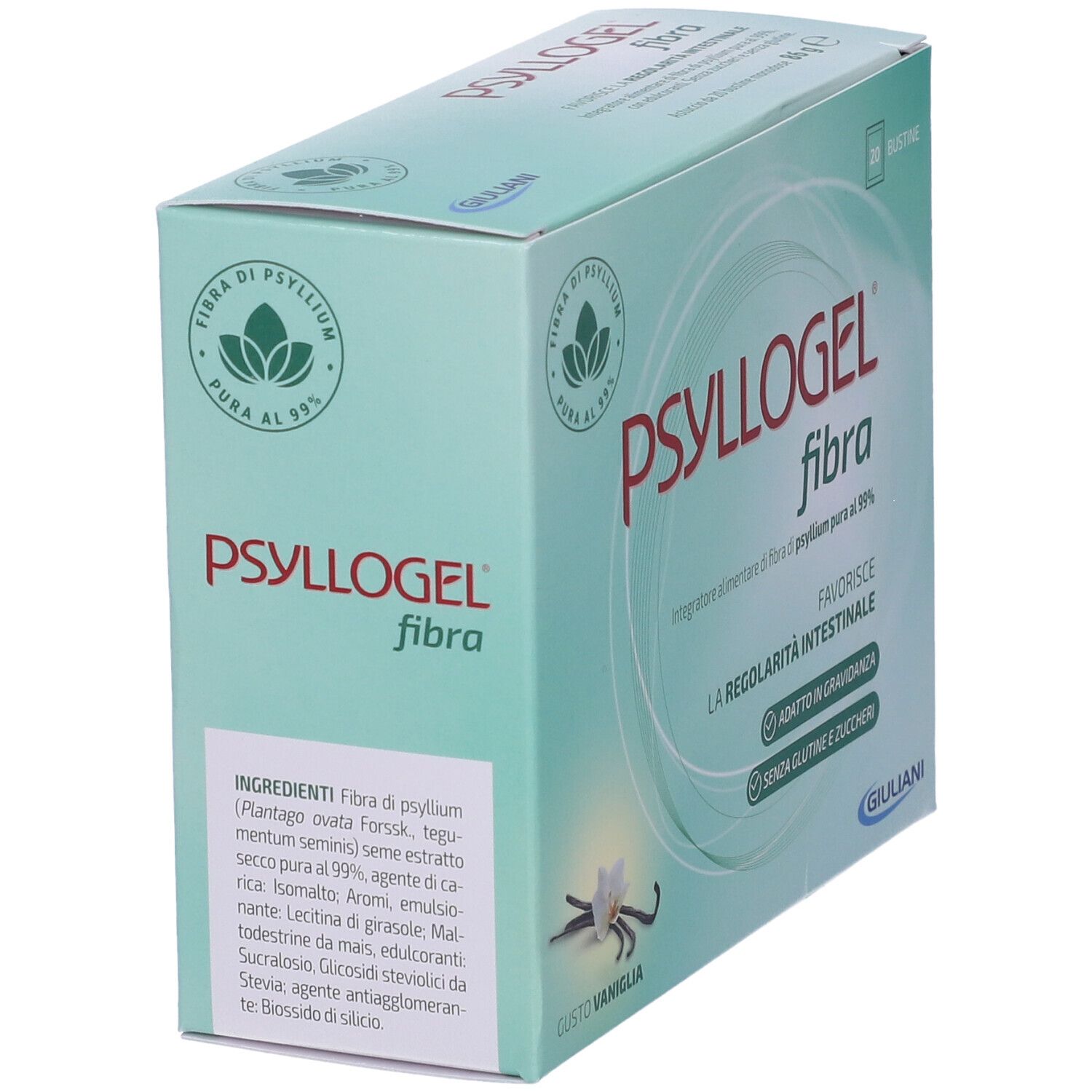 Schachtel mit PSYLLOGEL Faser. Aufschrift: fördert die Darmregulierung, ohne Gluten und Zucker. Zutatenliste und Nährwertangaben.