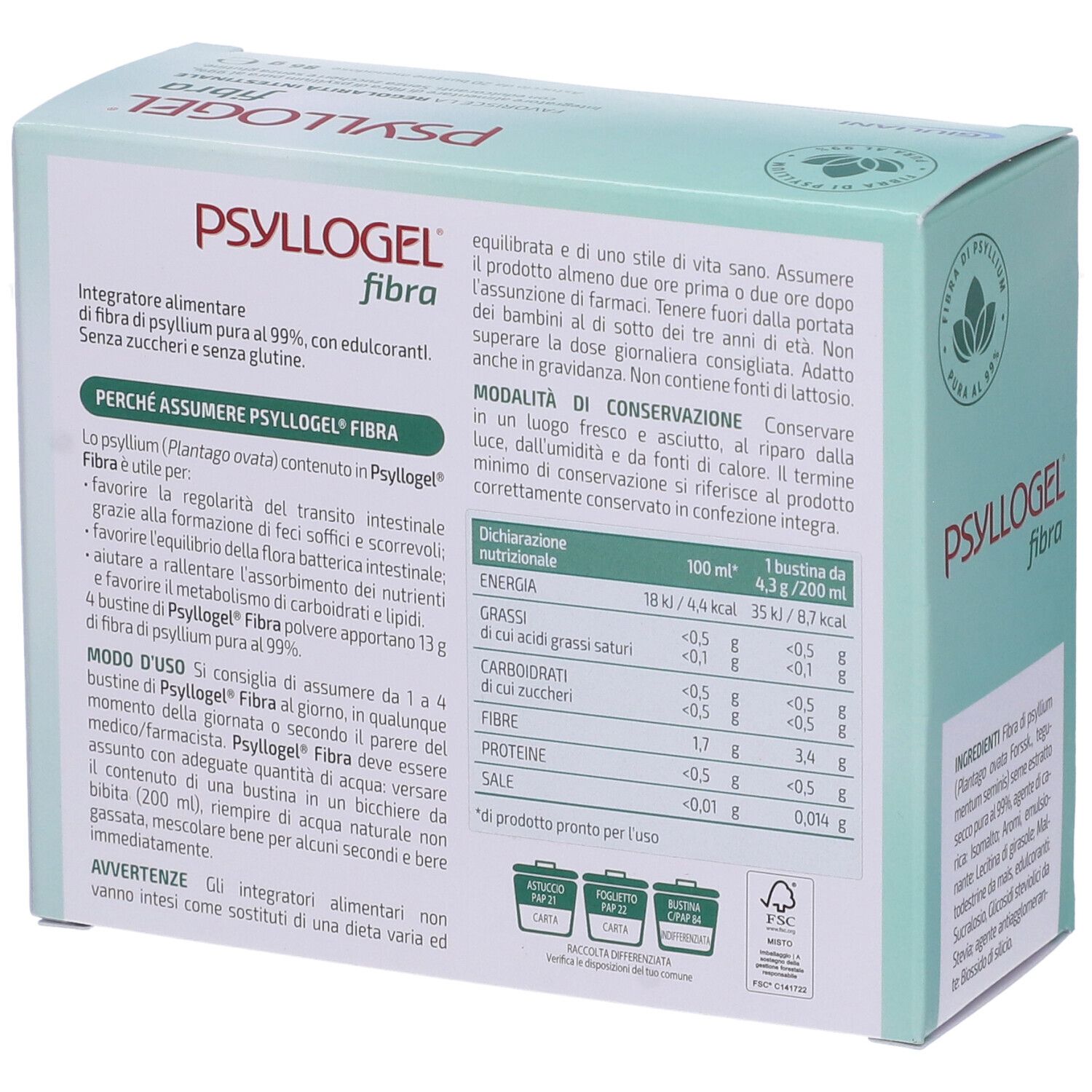 Schachtel mit PSYLLOGEL Faser. Aufschrift: fördert die Darmregulierung, ohne Gluten und Zucker. Nährwertangaben und Anwendungshinweise.