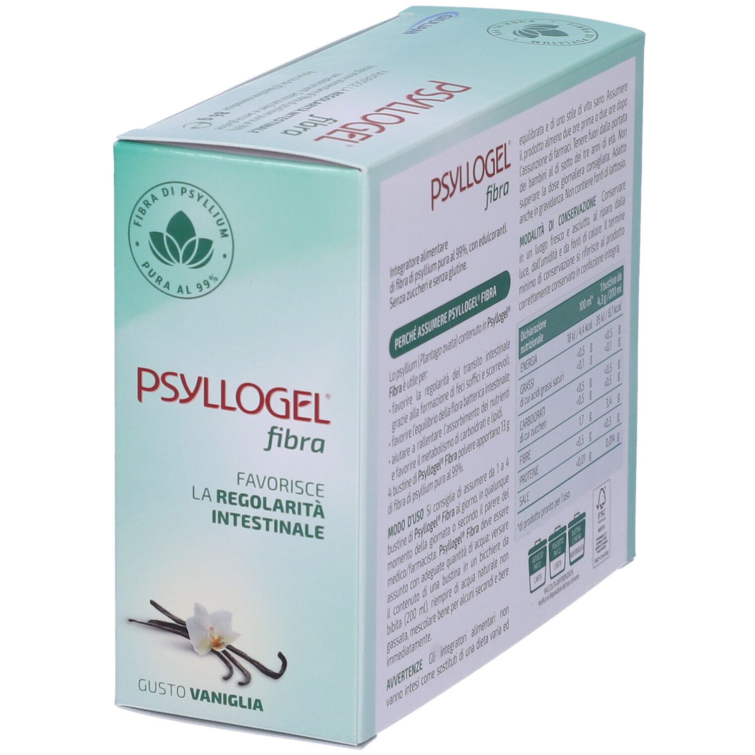 Schachtel mit PSYLLOGEL Faser. Aufschrift: fördert die Darmregulierung, ohne Gluten und Zucker. Nährwertangaben und Anwendungshinweise.