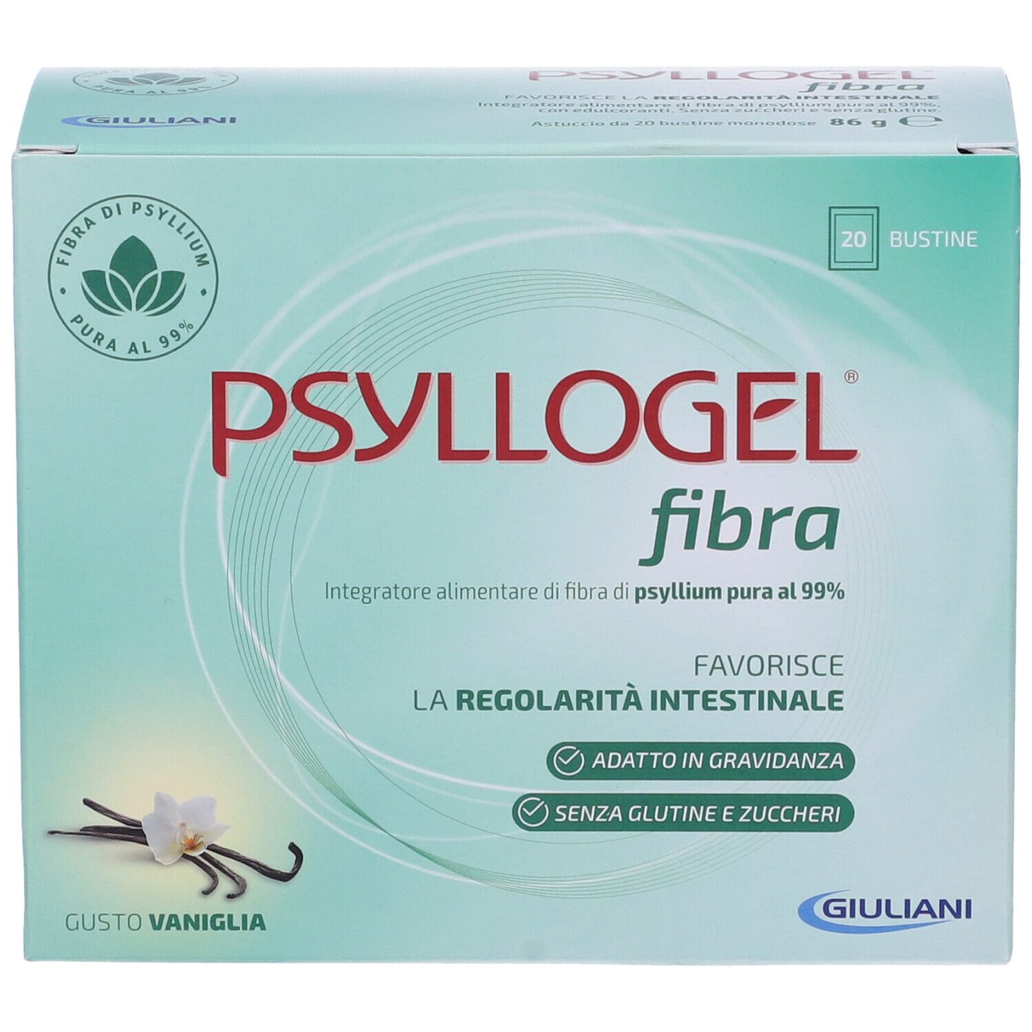 Schachtel mit PSYLLOGEL Faser Vanille. Aufschrift: 20 Beutel, fördert die Darmregulierung, ohne Gluten und Zucker. Vanille-Geschmack.
