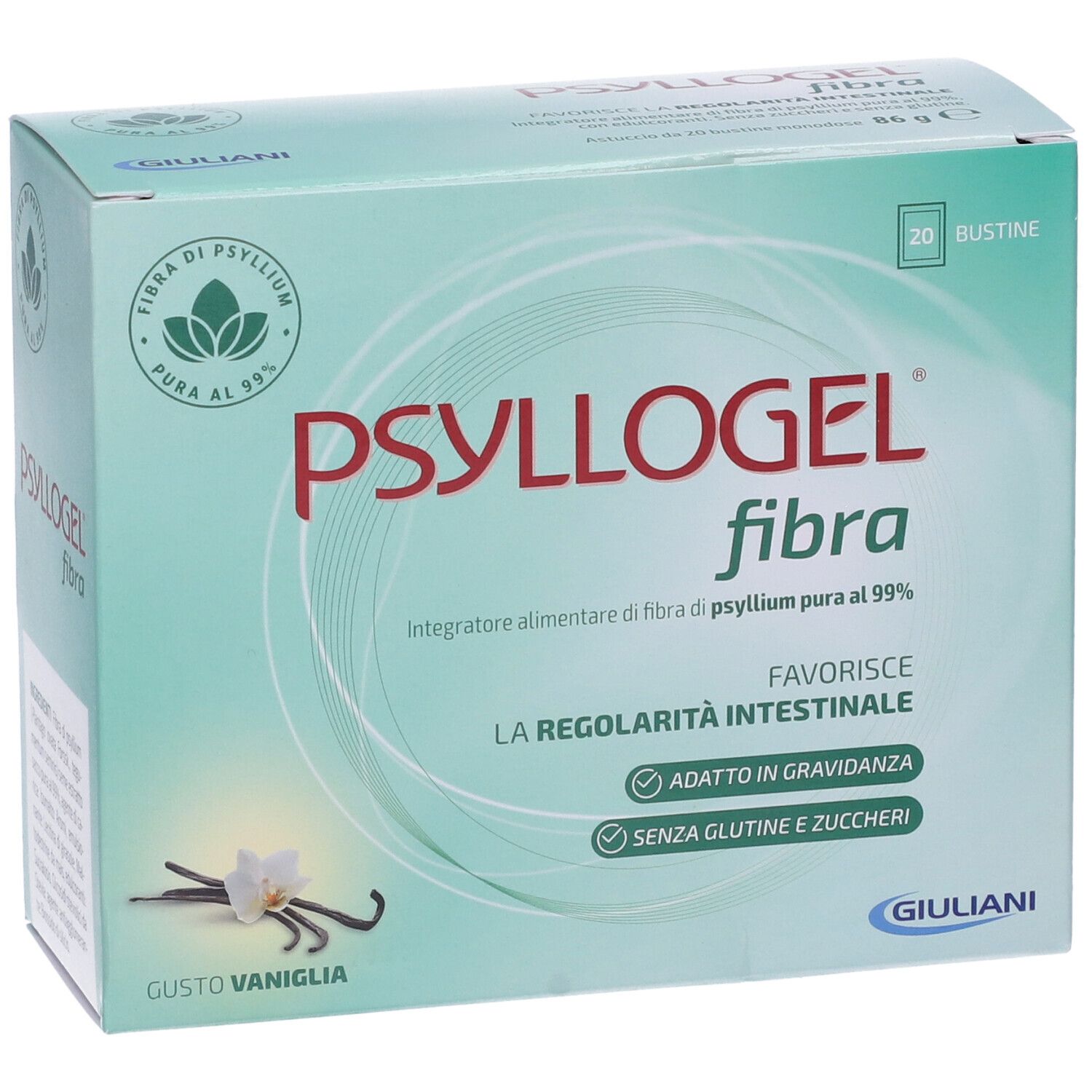 Schachtel mit PSYLLOGEL Faser. Aufschrift: 20 Beutel, fördert die Darmregulierung, ohne Gluten und Zucker. Geeignet für Schwangere.