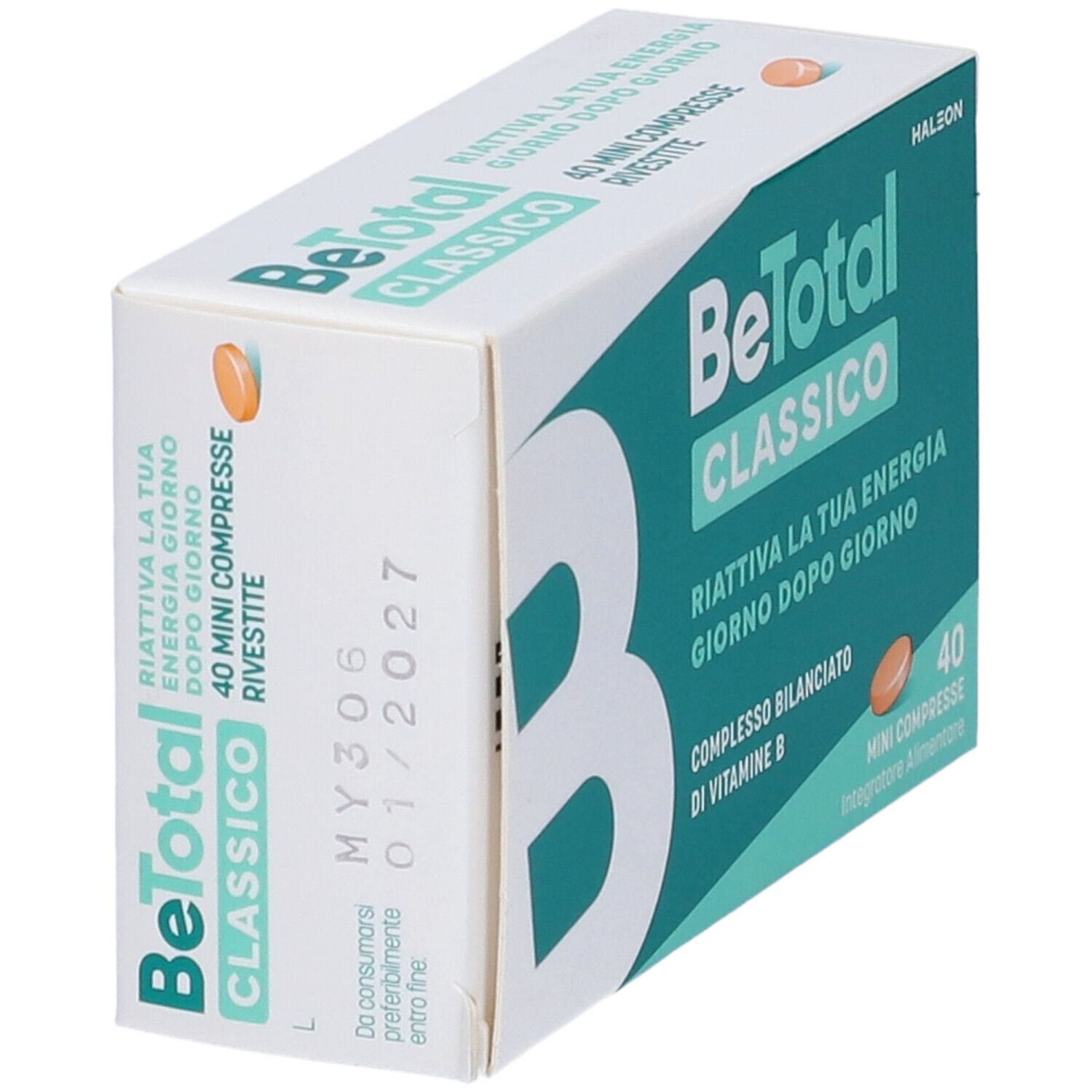 Scatola BeTotal Classico, 40 mini compresse. Design verde e bianco. Contiene vitamina B. Vista obliqua.