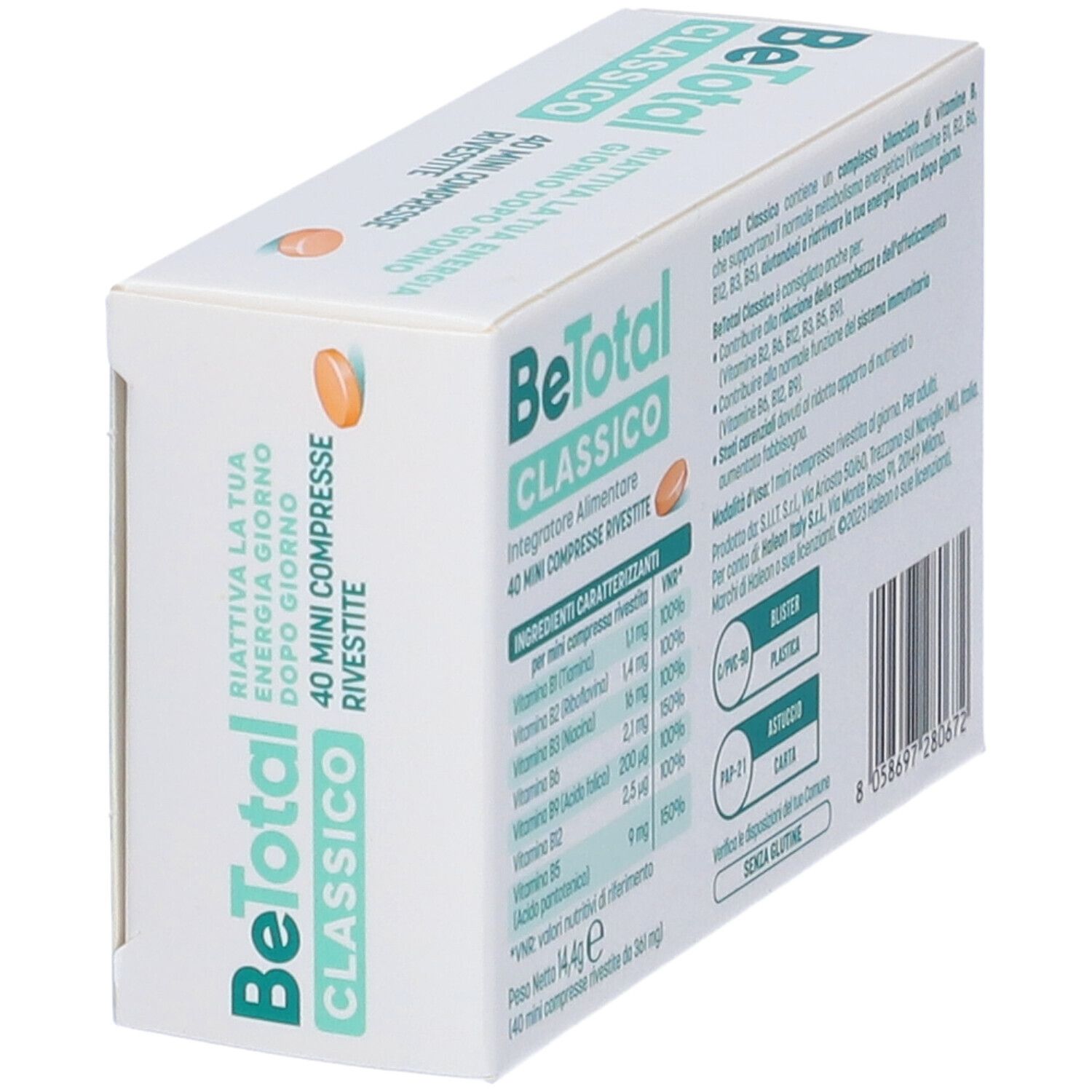 Scatola BeTotal Classico, 40 mini compresse. Design verde e bianco. Contiene vitamina B. Vista obliqua, retro.
