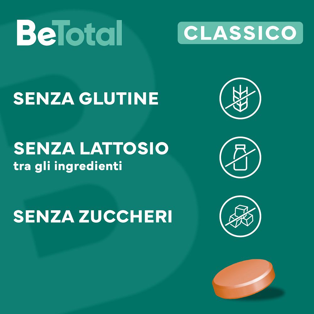 Sfondo verde con testo: BeTotal Classico. Senza glutine, lattosio e zuccheri. Una compressa arancione.