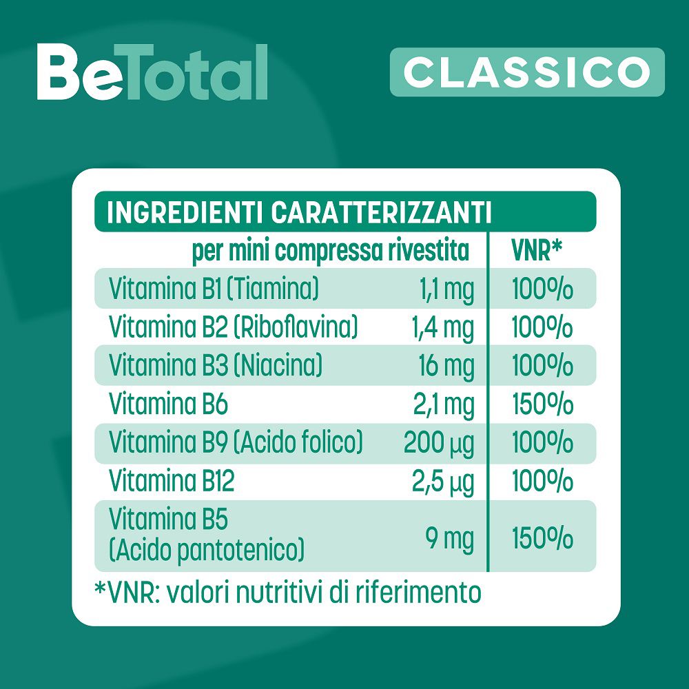 Tabella ingredienti di BeTotal Classico. Contiene vitamine B1, B2, B3, B6, B9, B12 e B5. Valori VNR.