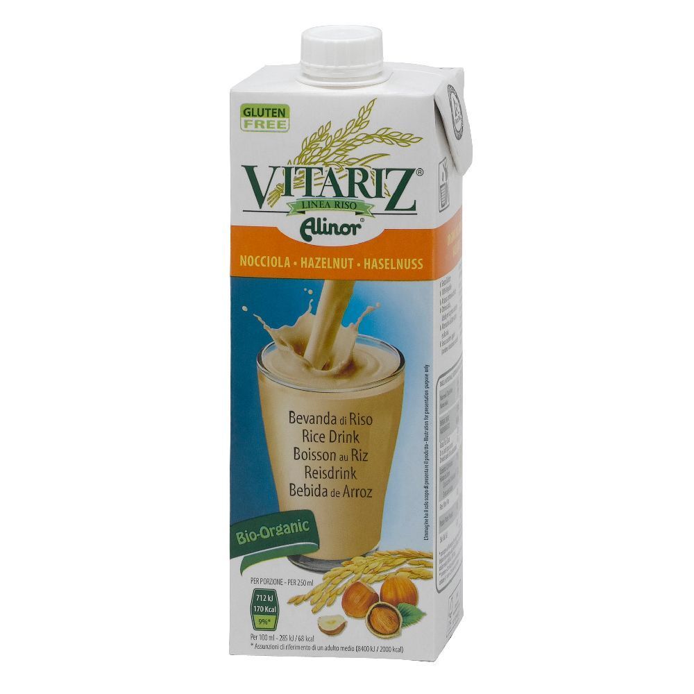 Bevanda Vitariz, nocciola. Senza glutine. Certificazione bio. Bevanda riso e nocciola. Confezione in cartone.