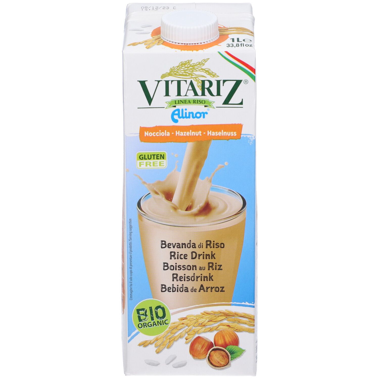 Bevanda Vitariz, nocciola. Senza glutine. Certificazione bio. Bevanda riso e nocciola. Confezione in cartone.