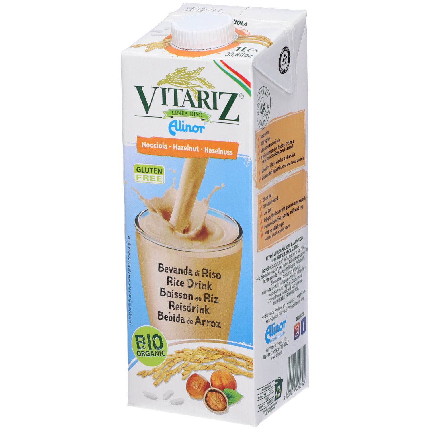 Bevanda Vitariz, nocciola. Senza glutine. Certificazione bio. Bevanda riso e nocciola. Confezione in cartone.