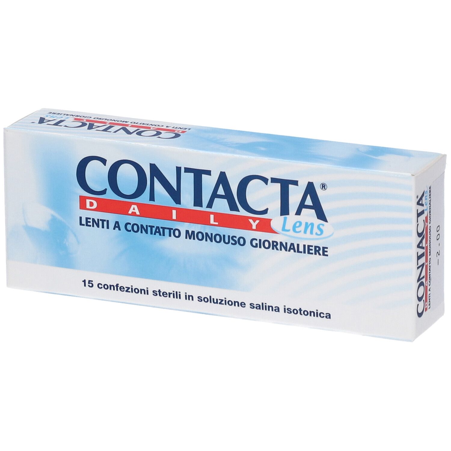 Verpackung für Contacta Daily Linsen, 15 sterile Einzelpackungen in isotonischer Salzlösung.