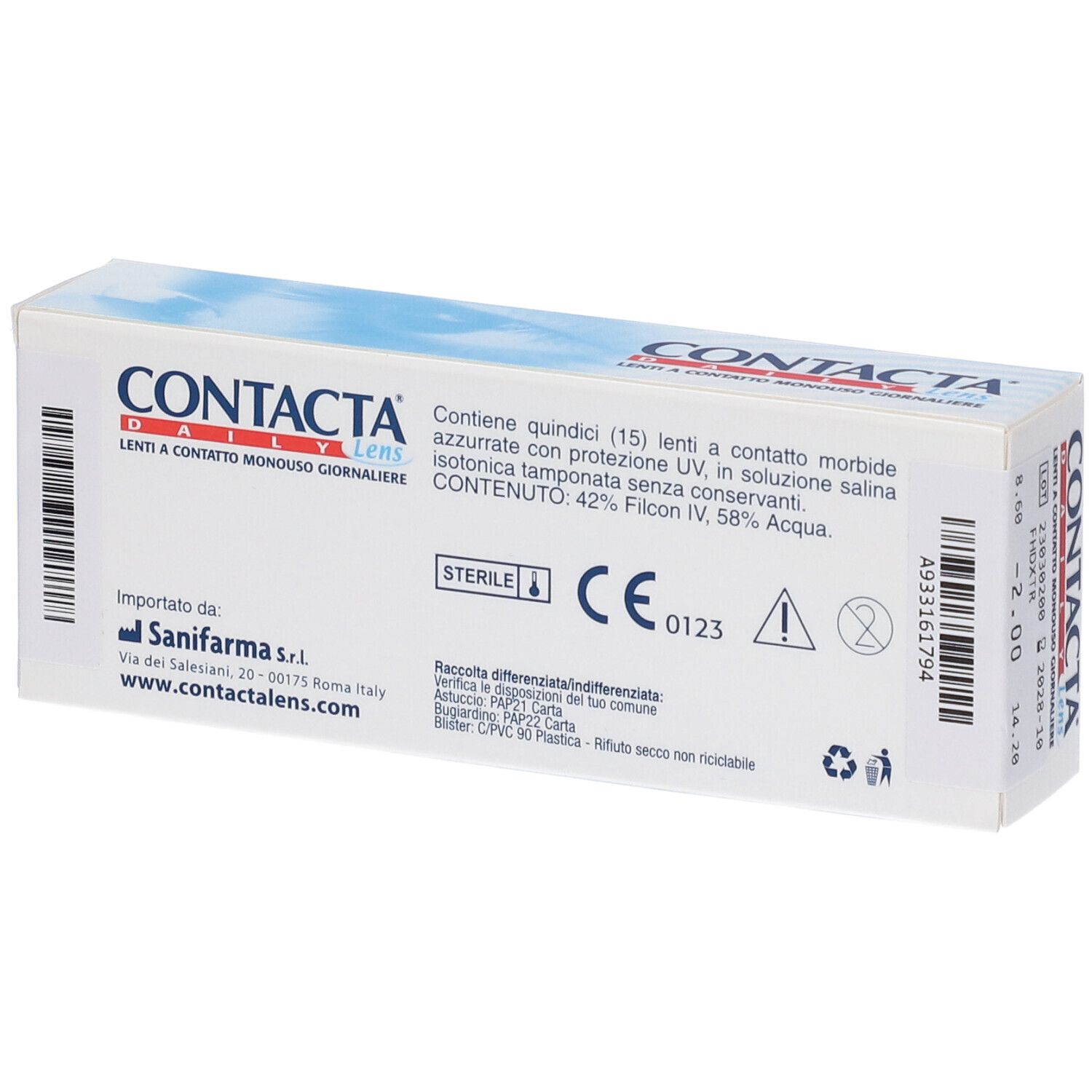 Verpackung für Contacta Daily Linsen, 15 Stück, steril, mit UV-Schutz.