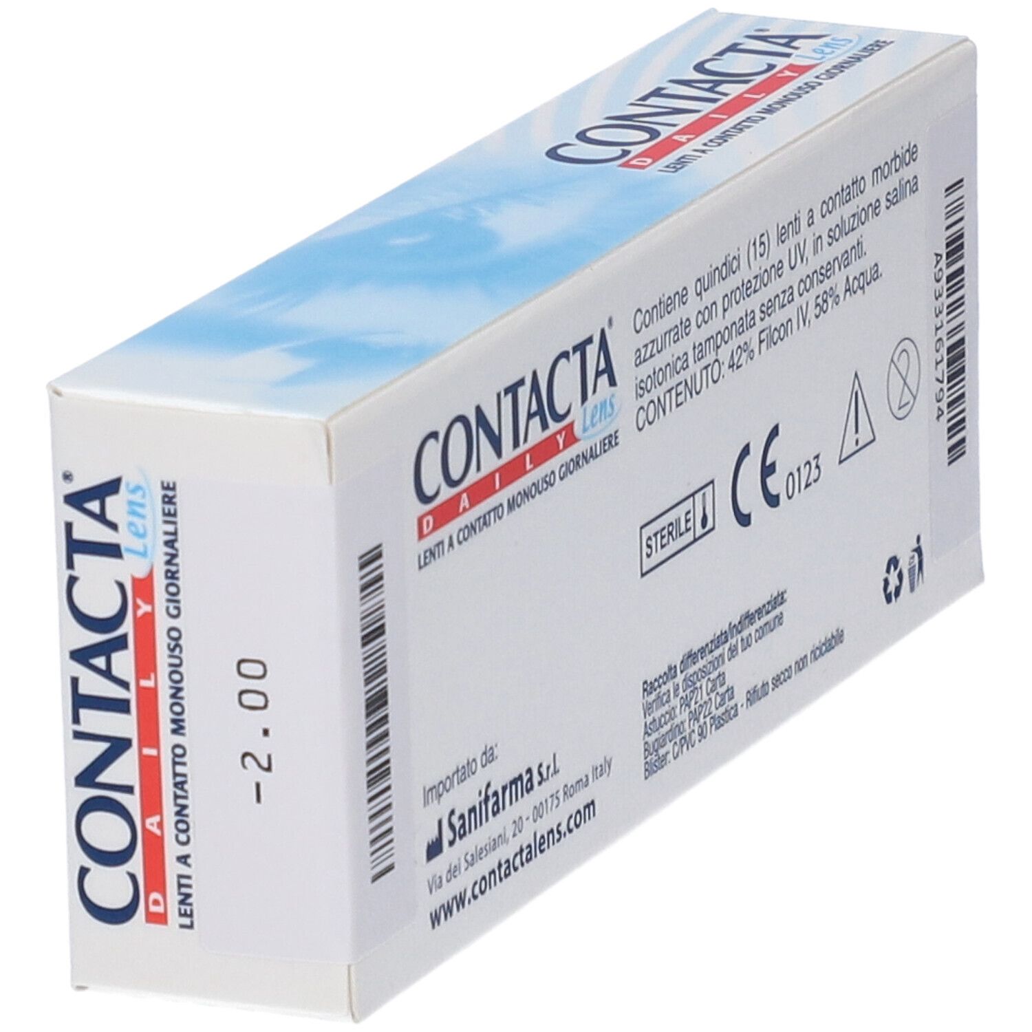 Packung Contacta Daily Linsen, 15 Stück, mit -2.00 Dioptrien.