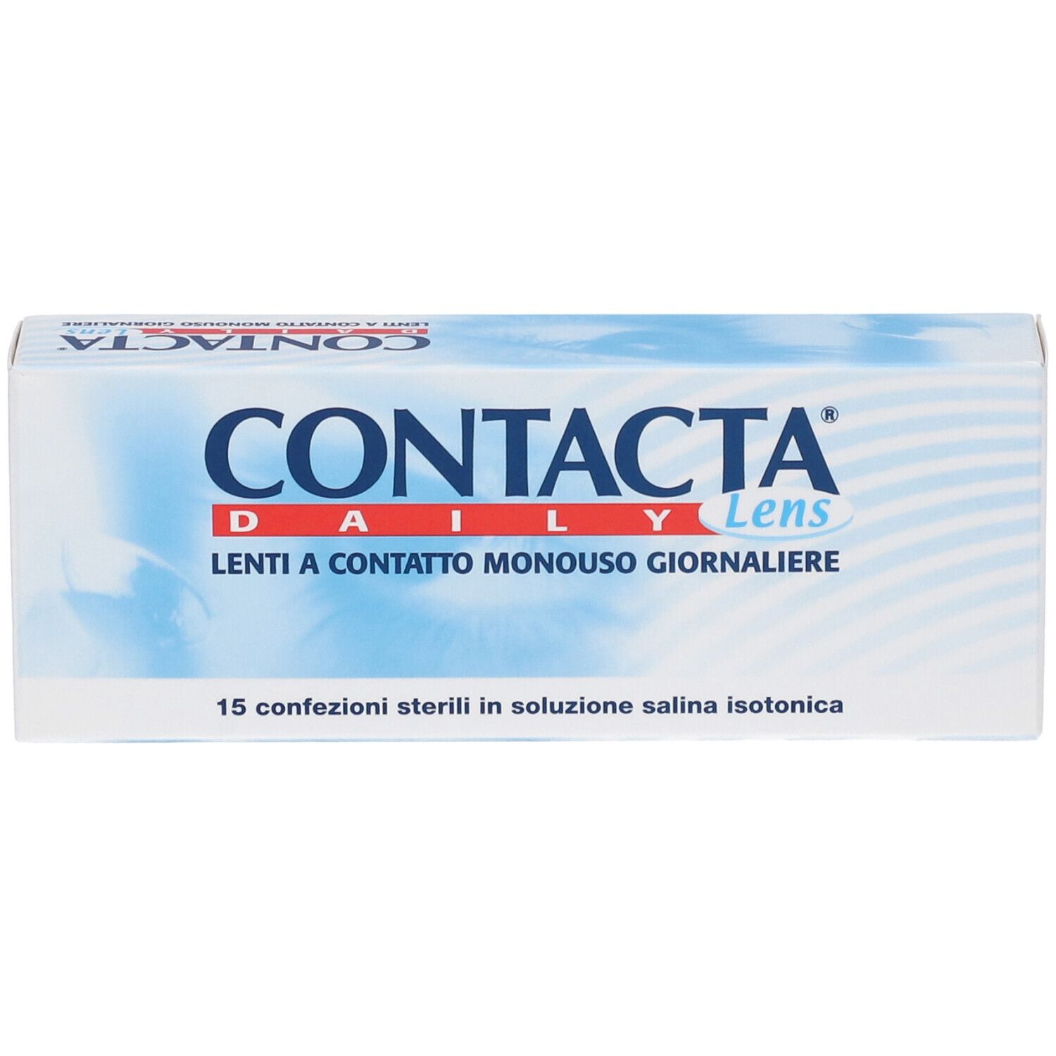 Packung Contacta Daily Linsen, 15 sterile Einheiten in isotonischer Kochsalzlösung.