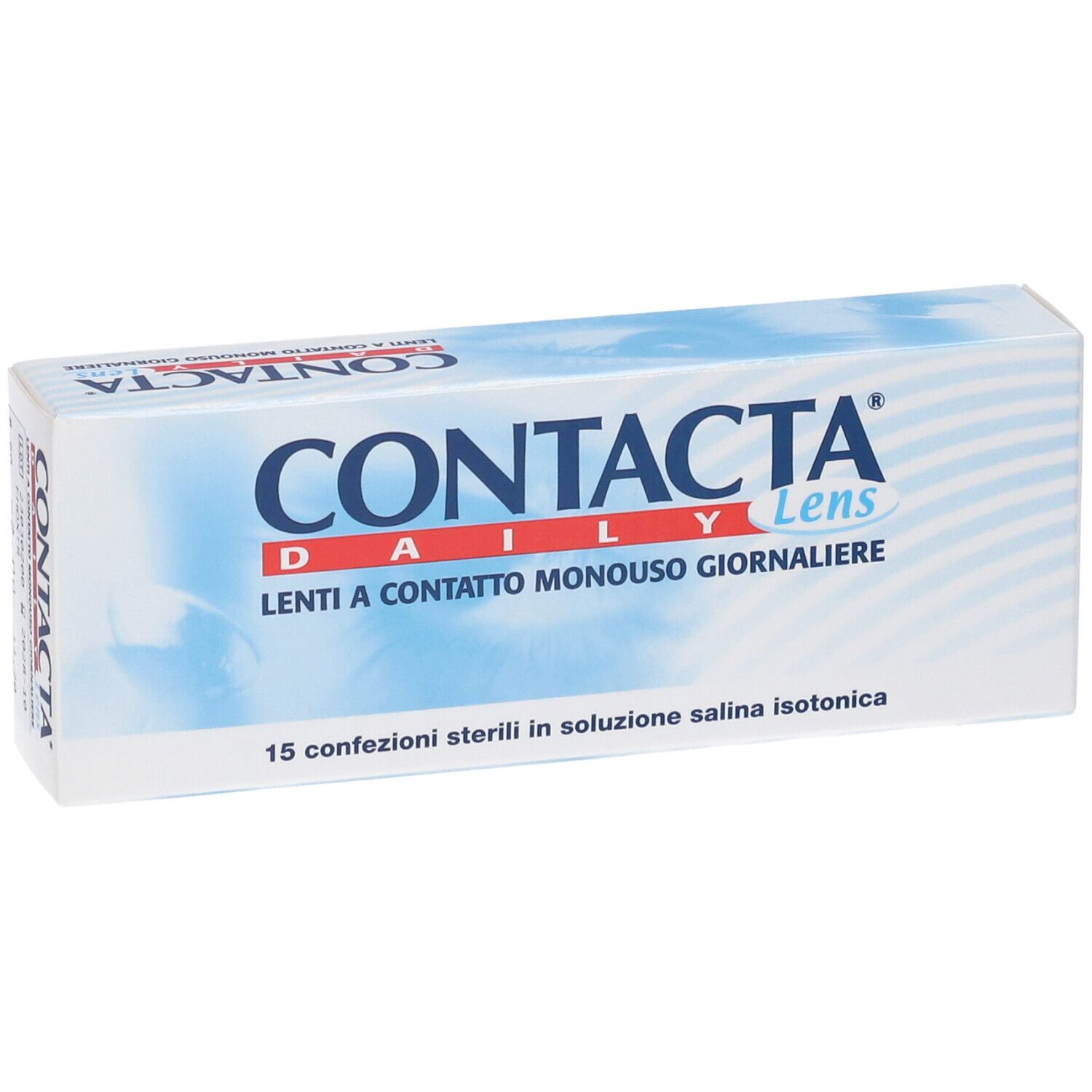 Packung Contacta Daily Linsen, 15 sterile Einzeldosen in isotonischer Kochsalzlösung.