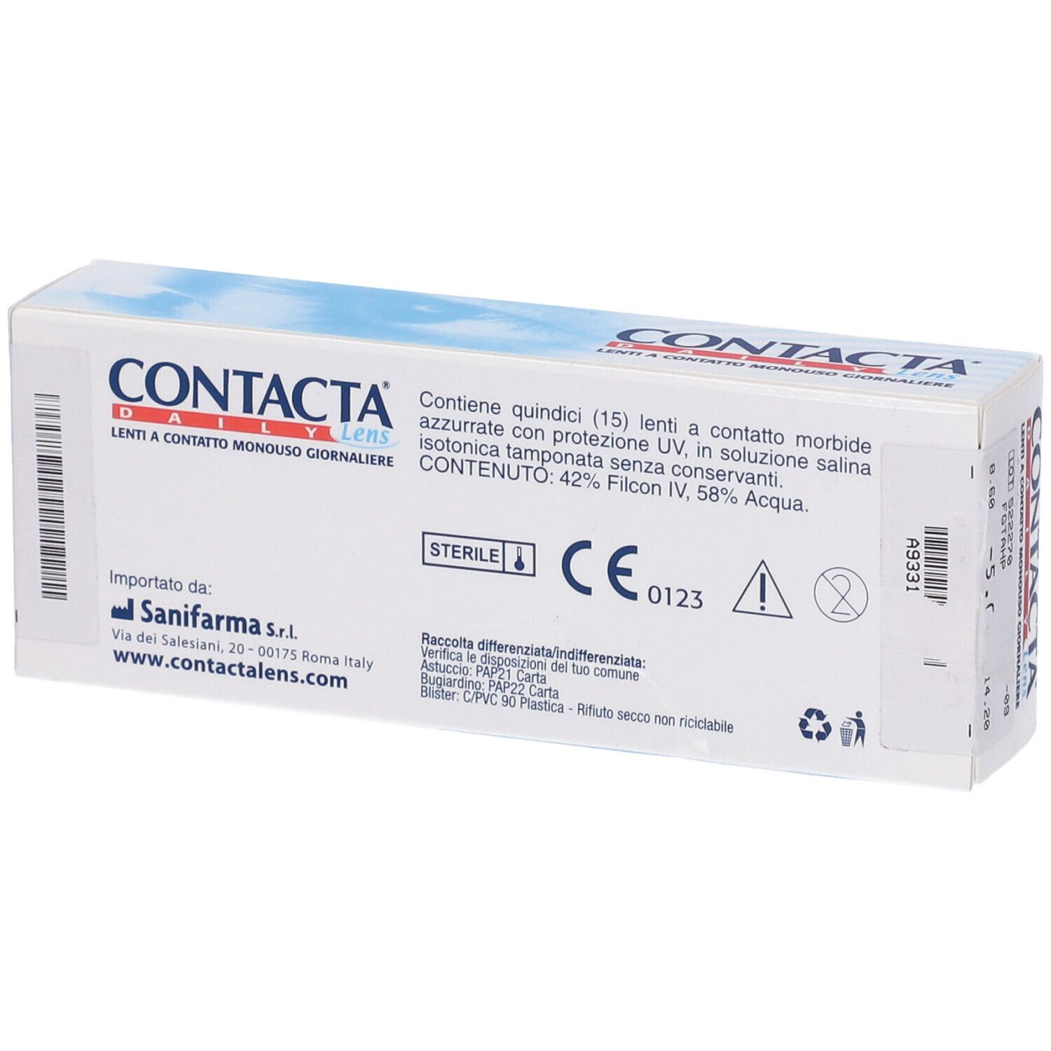 Confezione di lenti CONTACTA Daily Lens. Dettagli e certificazioni. Lenti a contatto monouso giornaliere. 15 confezioni sterili.
