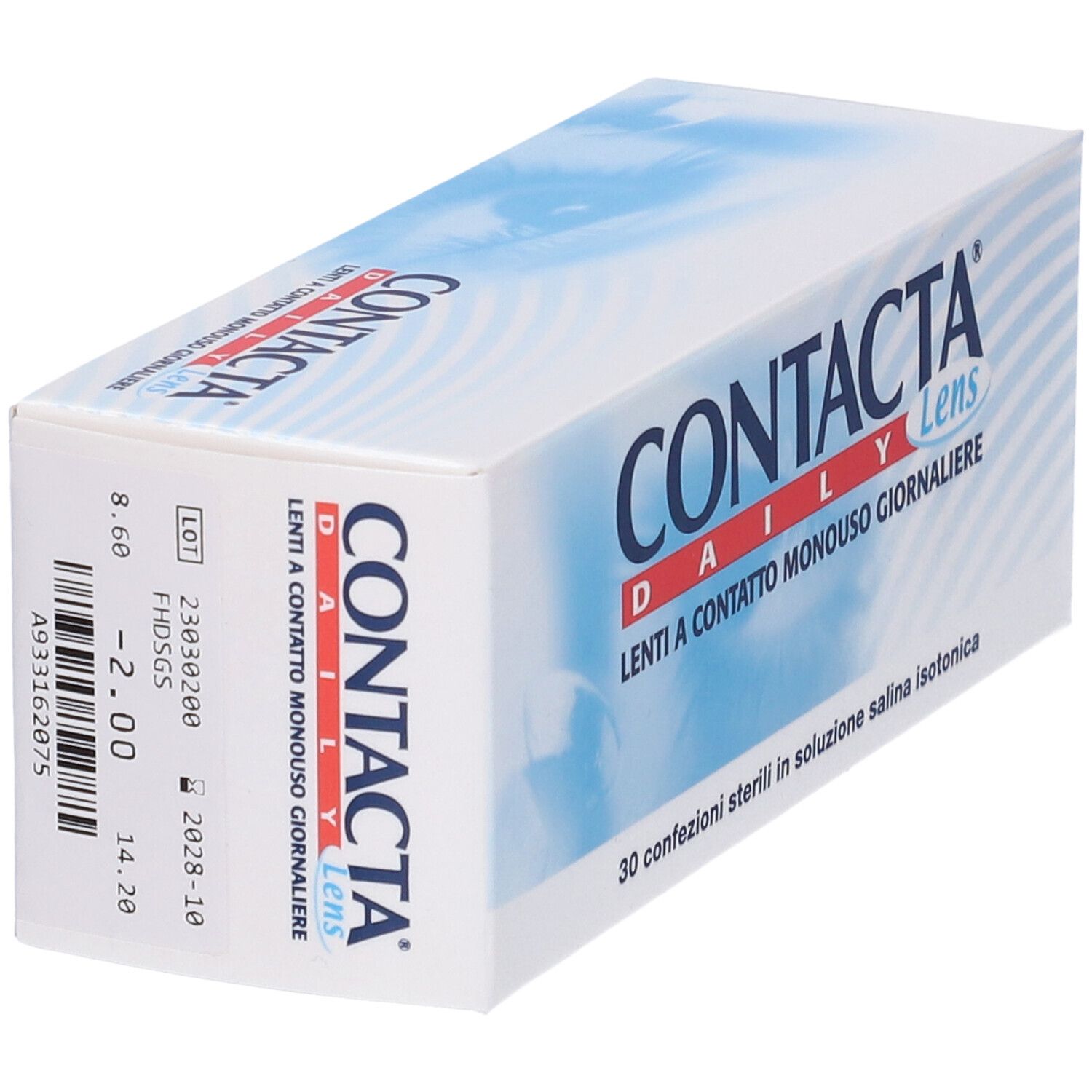 Confezione di lenti CONTACTA Daily Lens. Dettagli: -2.00, data di scadenza. Codice a barre e numero di lotto.