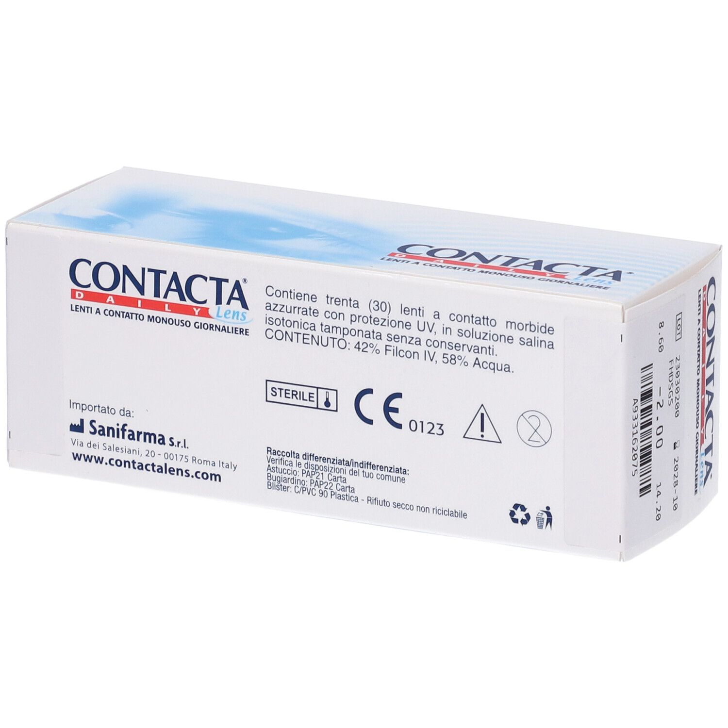 Retro della confezione di lenti. Testo: CONTACTA Daily Lens. Contiene 30 lenti morbide. Marchio CE.