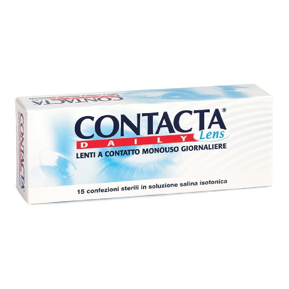 Scatola bianca con testo blu. CONTACTA Daily Lens. Lenti a contatto monouso giornaliere. 15 confezioni sterili.