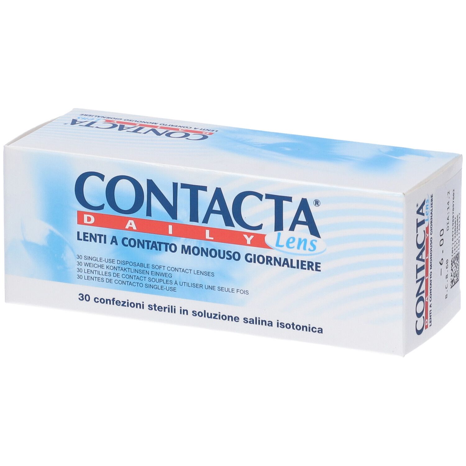 Scatola bianca con testo blu. CONTACTA Daily Lens. Lenti a contatto monouso giornaliere. 30 confezioni sterili.