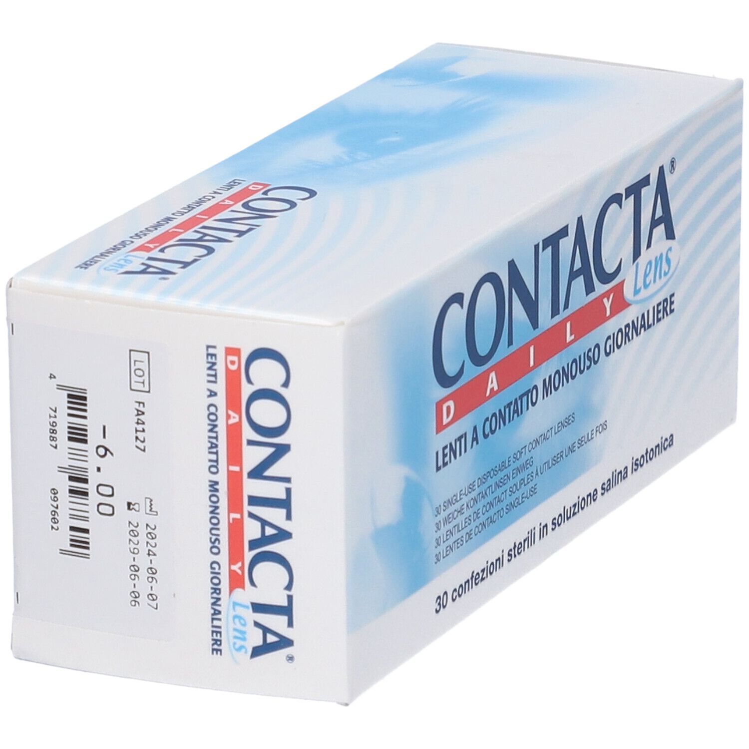 Scatola bianca con testo blu. CONTACTA Daily Lens. Lenti a contatto monouso giornaliere. 30 confezioni sterili. Vista laterale.