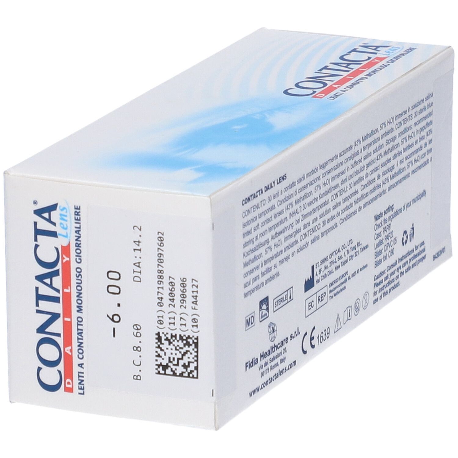 Scatola bianca con testo blu. CONTACTA Daily Lens. Lenti a contatto monouso giornaliere. Lato con -6.00.