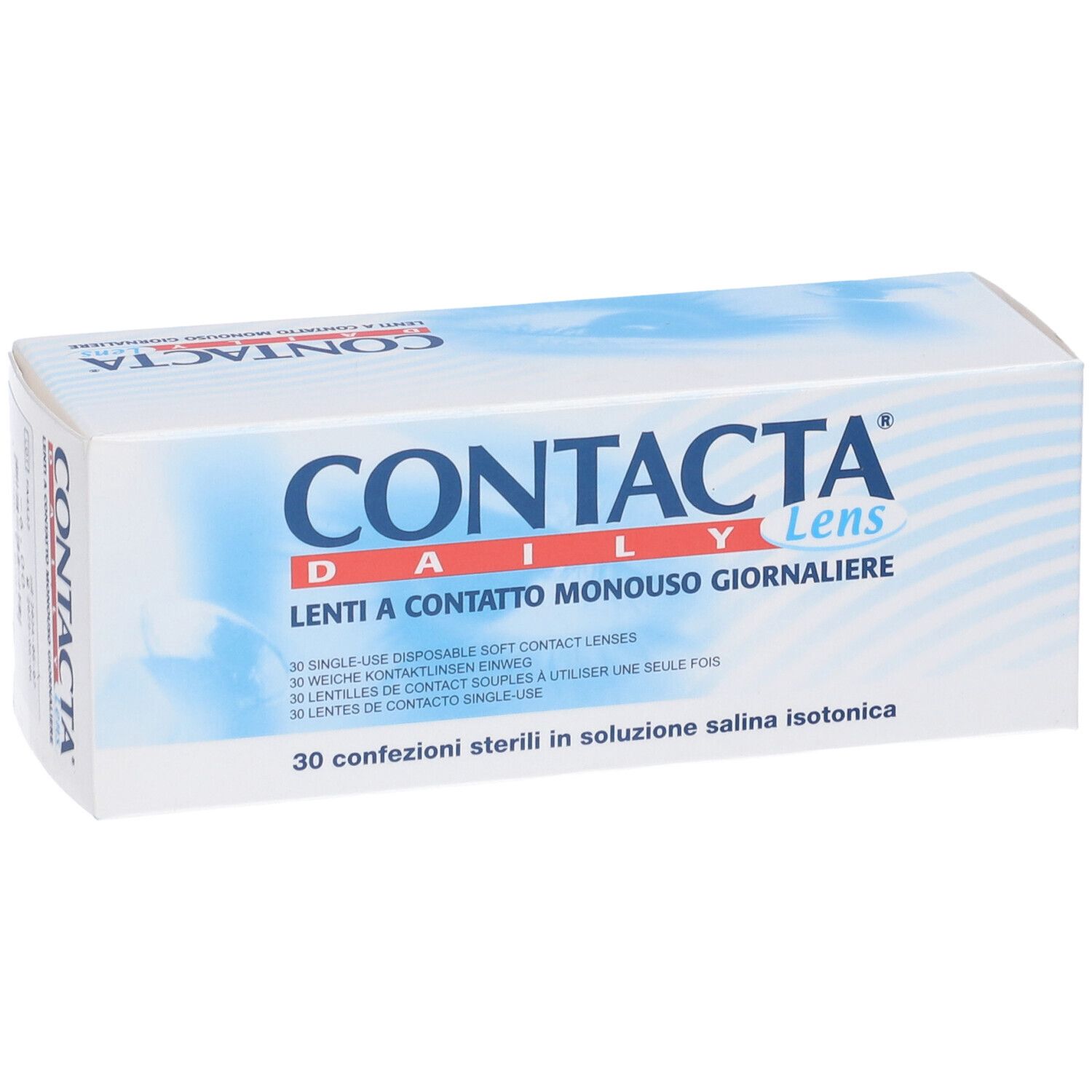 Scatola bianca con testo blu. CONTACTA Daily Lens. Lenti a contatto monouso giornaliere. 30 confezioni sterili.