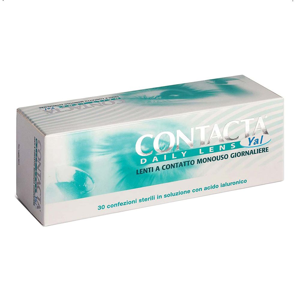 Confezione di lenti a contatto. Scritta CONTACTA Daily Lens Yal. 30 confezioni sterili.