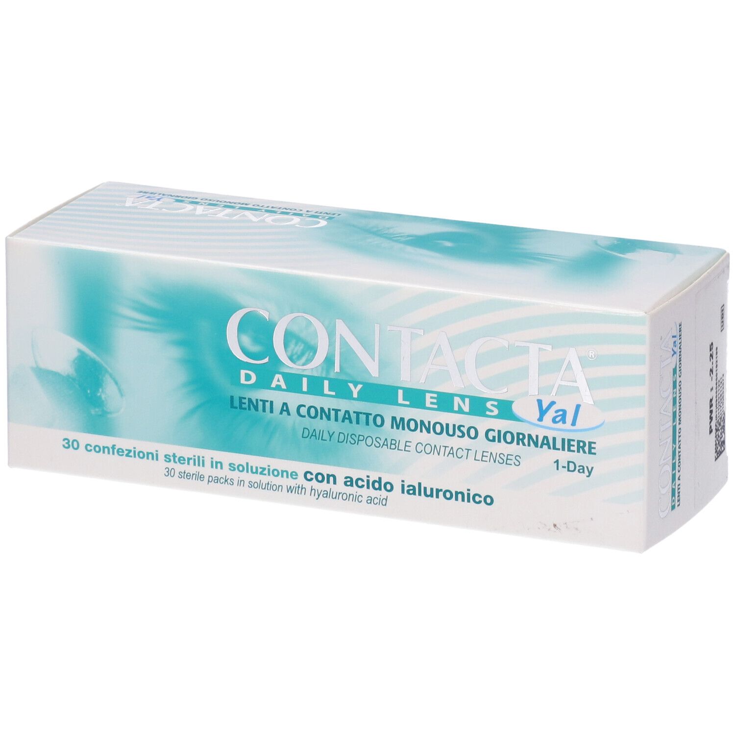 Confezione di lenti a contatto. Scritta CONTACTA Daily Lens Yal. 30 confezioni sterili.