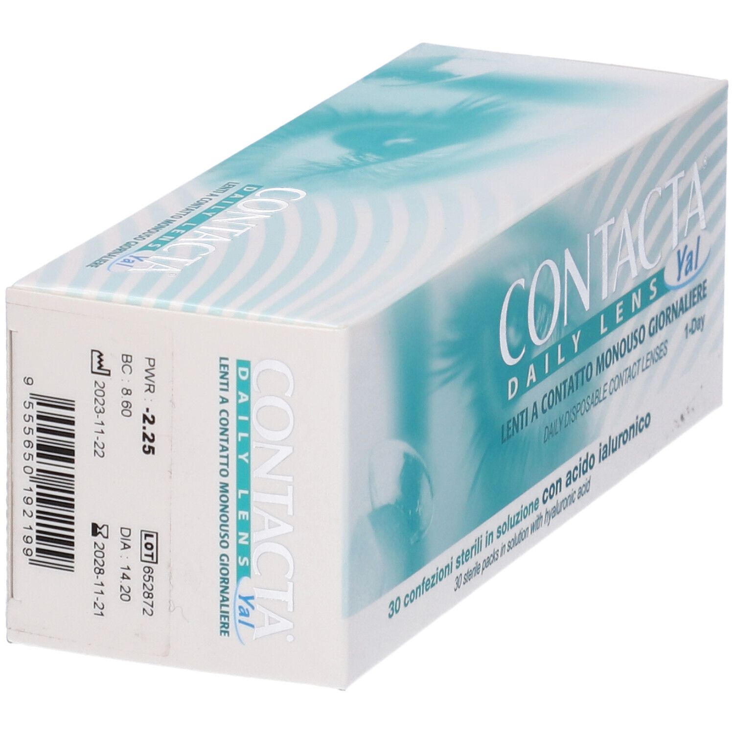 Confezione di lenti a contatto. Scritta CONTACTA Daily Lens Yal. Dettagli: PWR -2.25, BC 8.60.