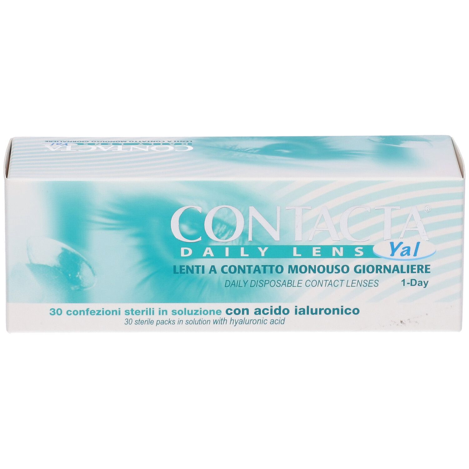 Confezione di lenti a contatto. Scritta CONTACTA Daily Lens Yal. 30 confezioni sterili.