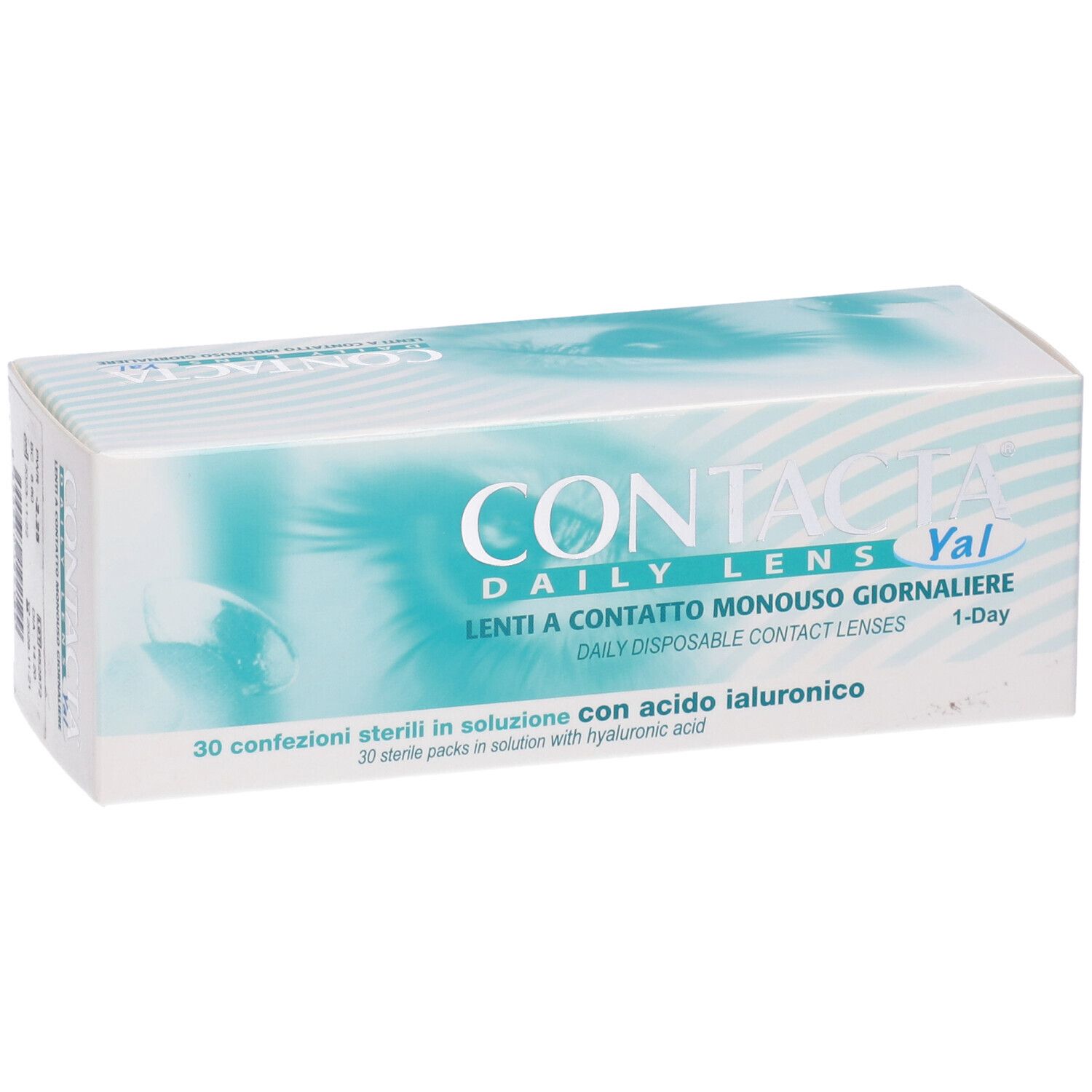 Confezione di lenti a contatto. Scritta CONTACTA Daily Lens Yal. 30 confezioni sterili.