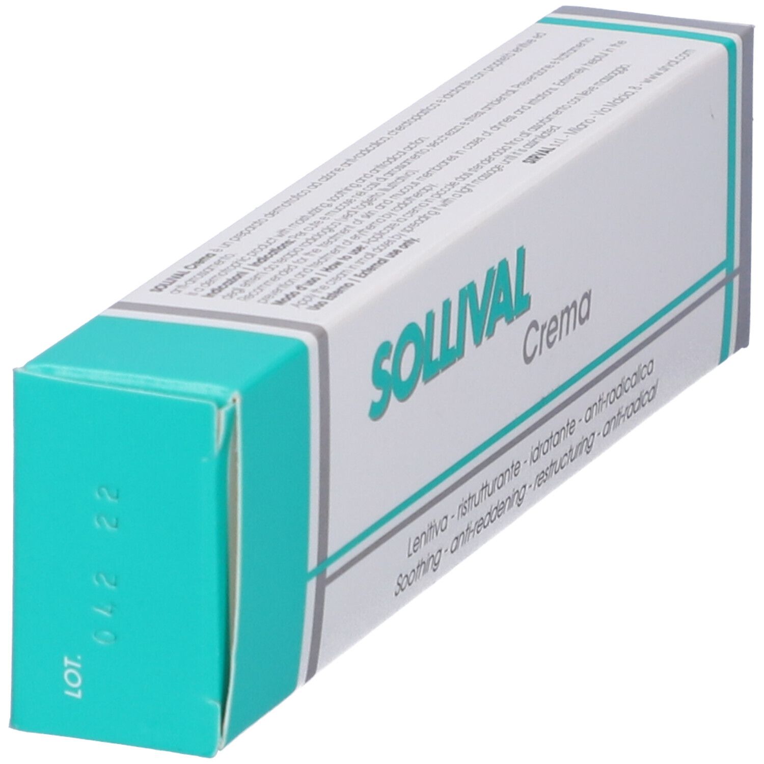 Confezione di Sollival Crema. Bianca, con accenti turchesi. Scritta: Sollival Crema, con testi in inglese e italiano.