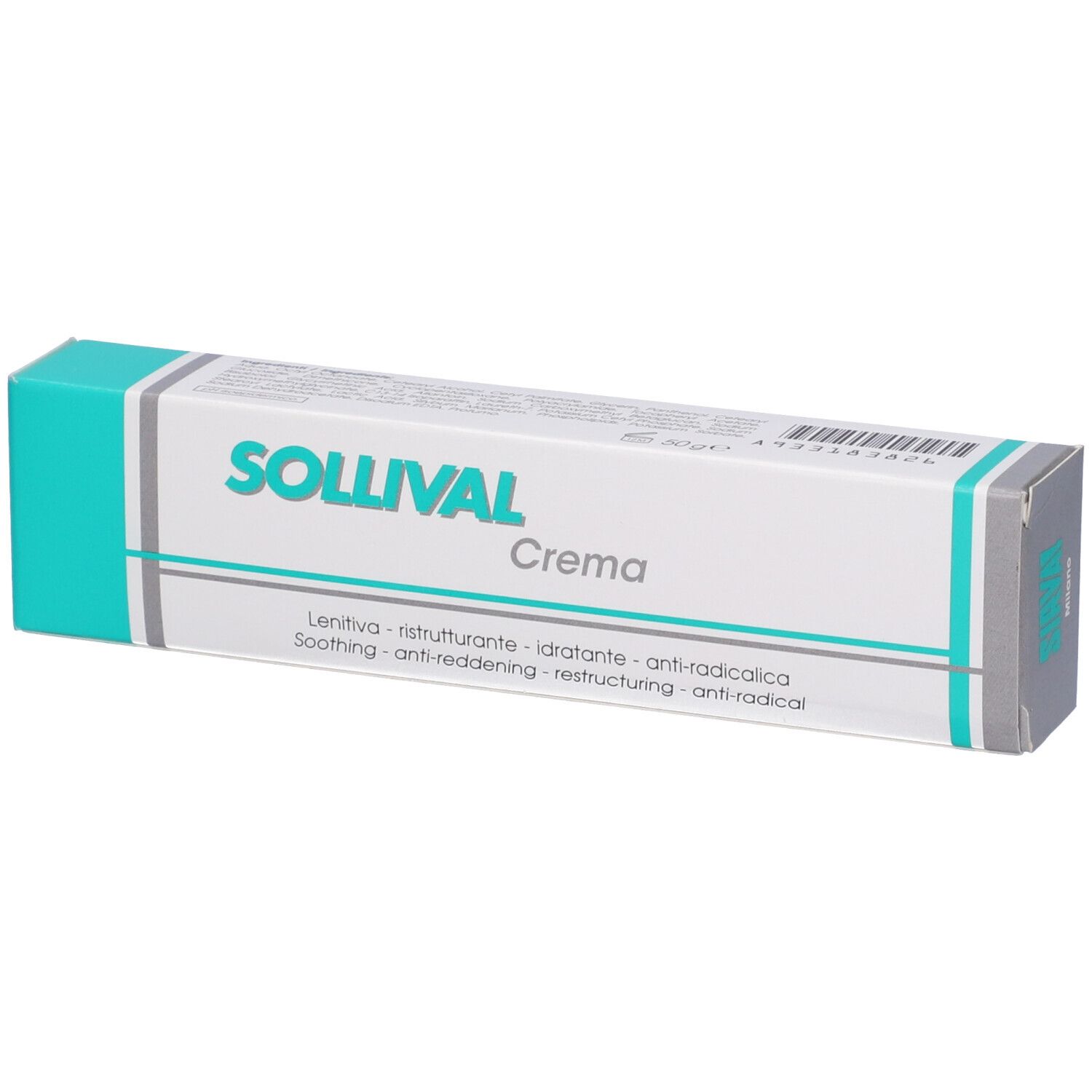 Confezione di Sollival Crema. Bianca, con accenti turchesi. Scritta: Sollival Crema, con descrizioni in inglese e italiano.