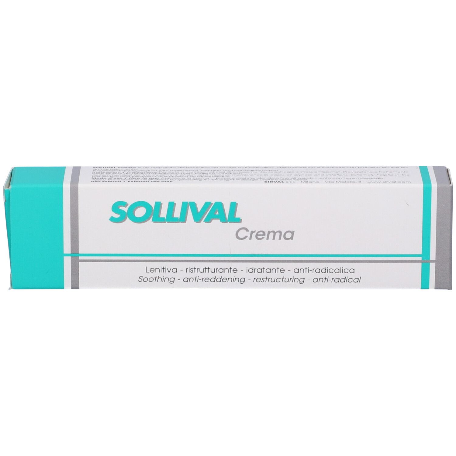 Confezione di Sollival Crema. Bianca, con accenti turchesi. Scritta: Sollival Crema, con descrizioni in inglese e italiano.