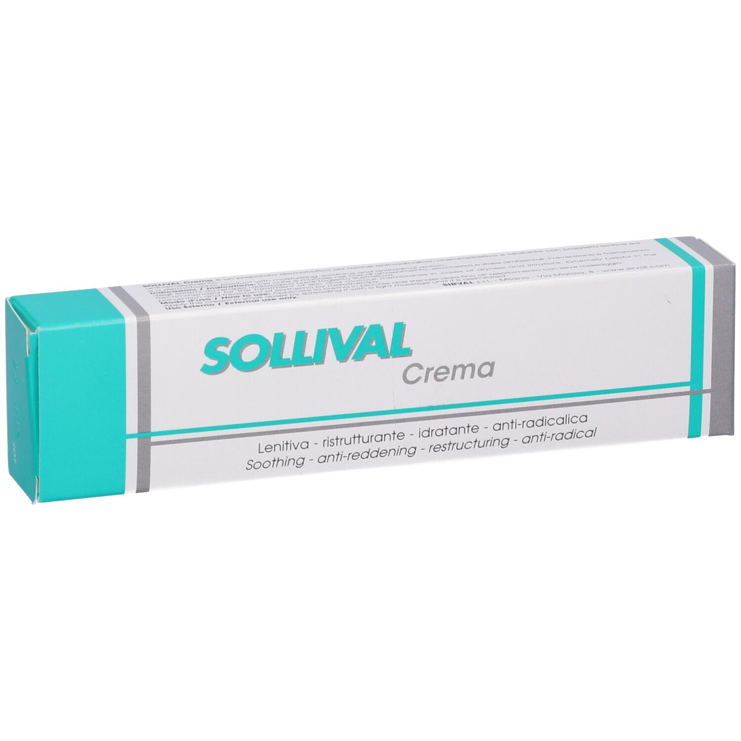 Confezione di Sollival Crema. Bianca, con accenti turchesi. Scritta: Sollival Crema, con descrizioni in inglese e italiano.