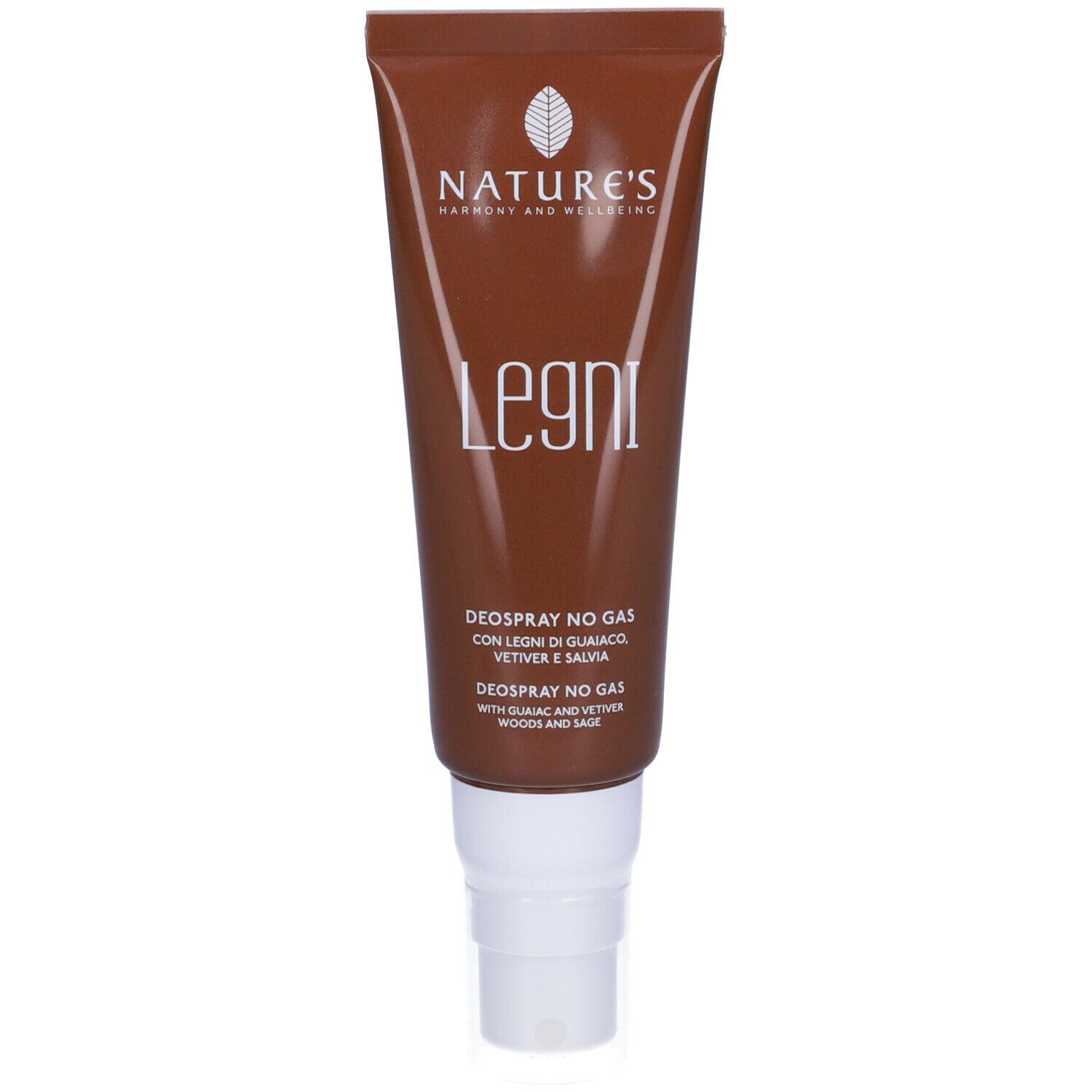 Tubo marrone con erogatore bianco. Scritta: NATURE'S, Legni, Deospray No Gas. Con legno di Guaiaco, Vetiver e Salvia.