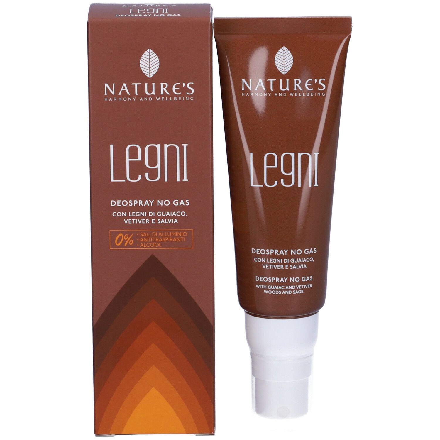 Confezione del prodotto con tubo. Scatola e tubo marroni. Scritta: NATURE'S, Legni, Deospray No Gas. 0% sali di alluminio, alcool.