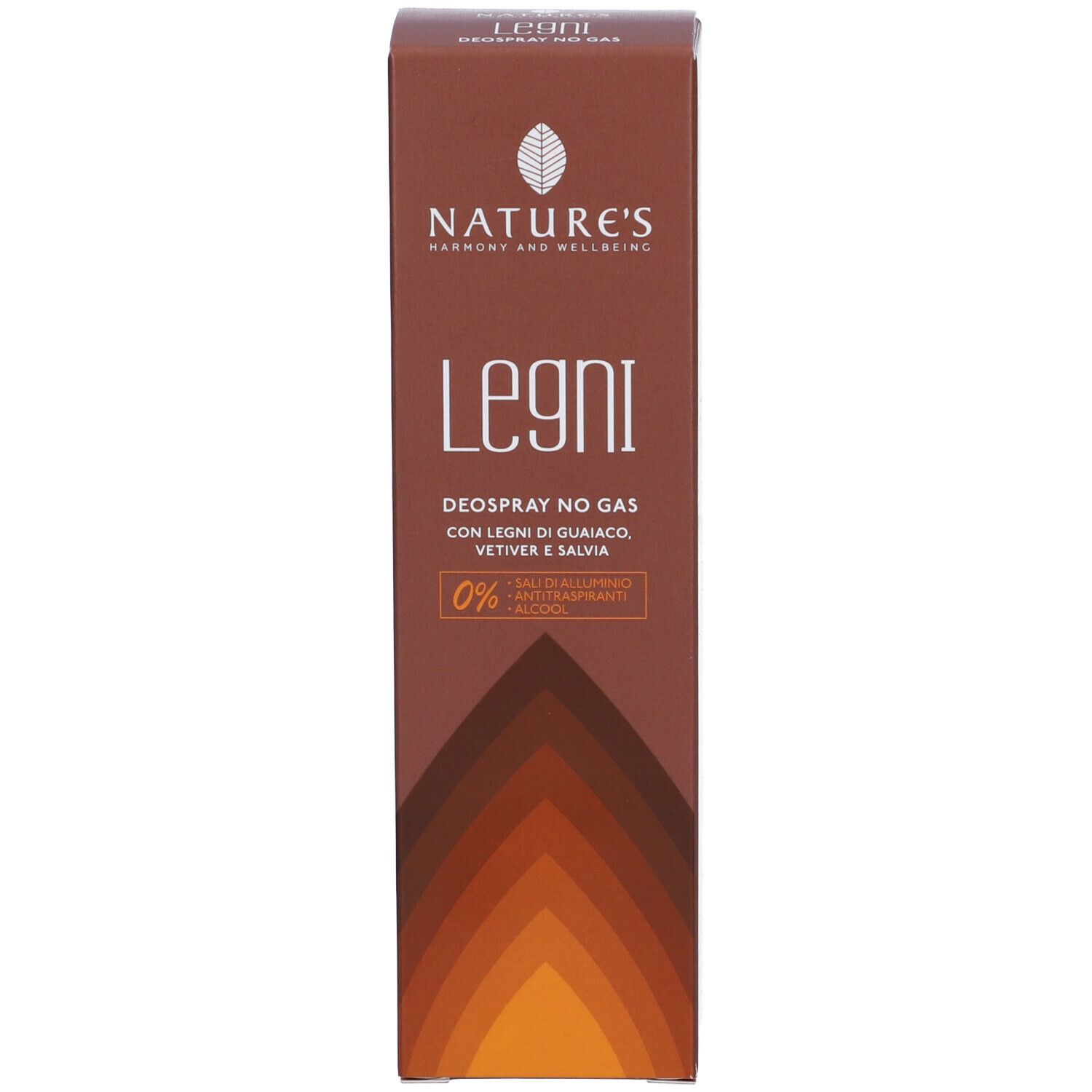 Scatola marrone con informazioni sul prodotto. Scritta: NATURE'S, Legni, Deospray No Gas. 0% sali di alluminio, alcool.