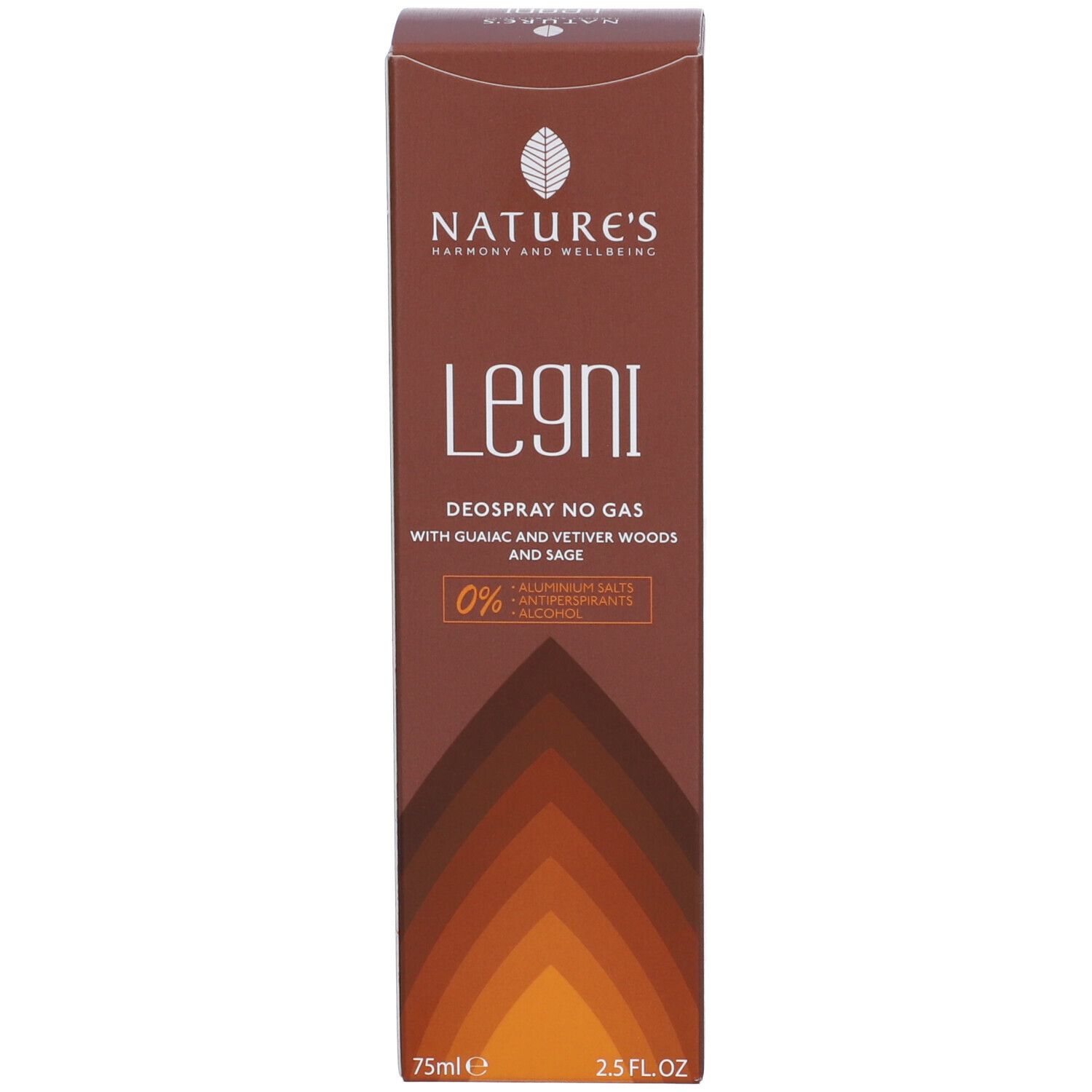 Fronte della scatola marrone. Scritta: NATURE'S, Legni, Deospray No Gas. 0% sali di alluminio, alcool. 75ml.