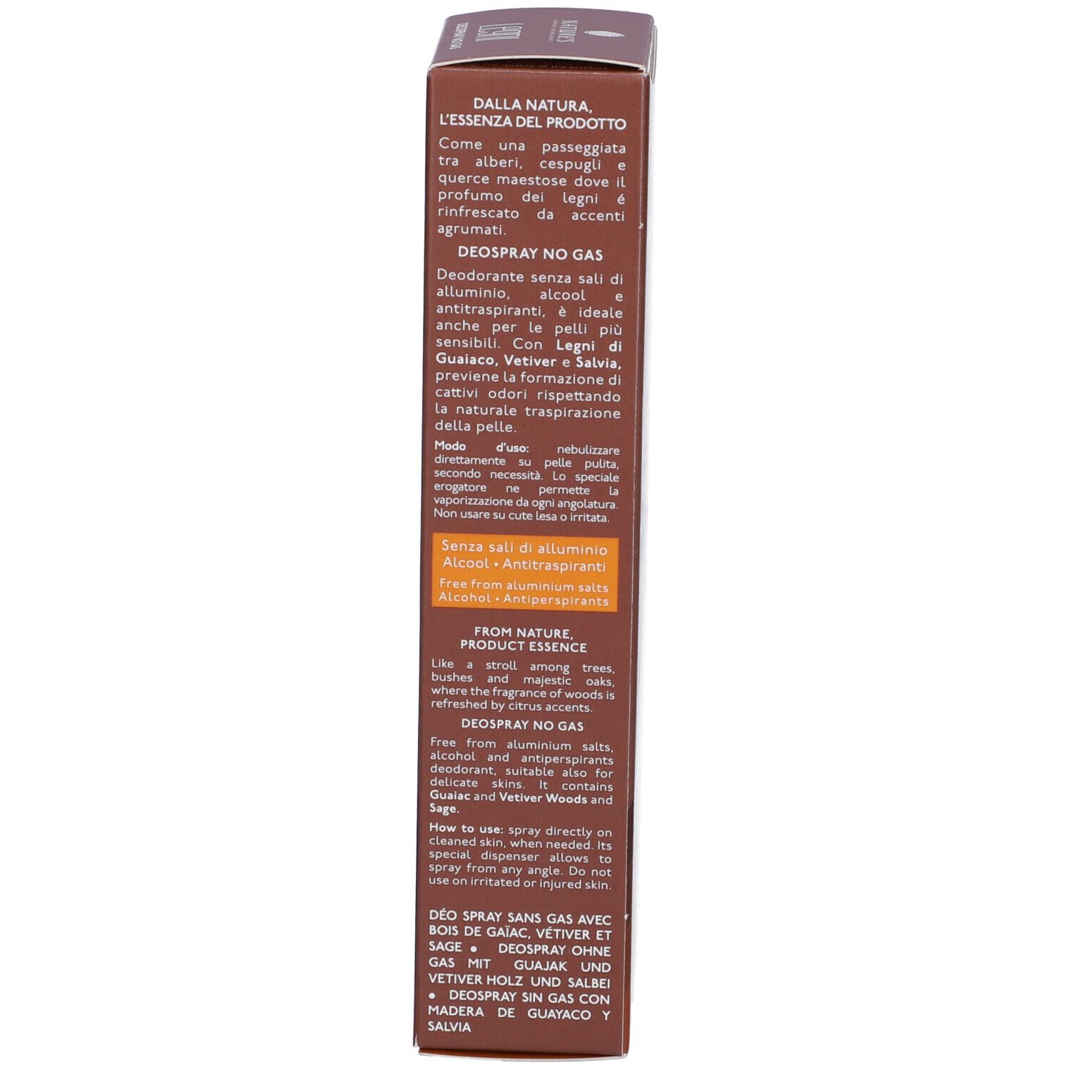 Retro della scatola marrone. Testo in italiano e inglese. Descrizione del prodotto e ingredienti.